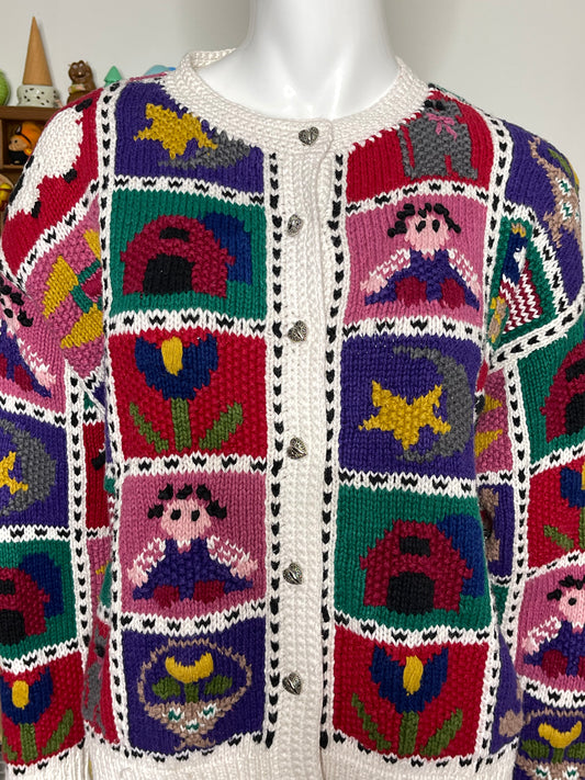 Vintage 90s Chunky Hand Knit Cottage Home Patchwork Cardigan Sz S