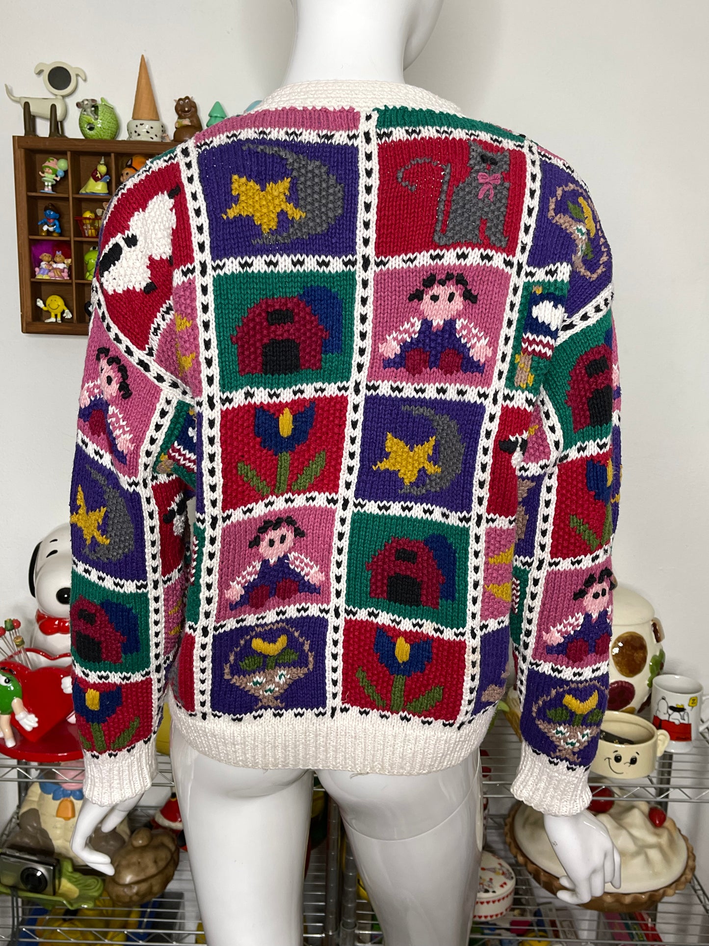 Vintage 90s Chunky Hand Knit Cottage Home Patchwork Cardigan Sz S