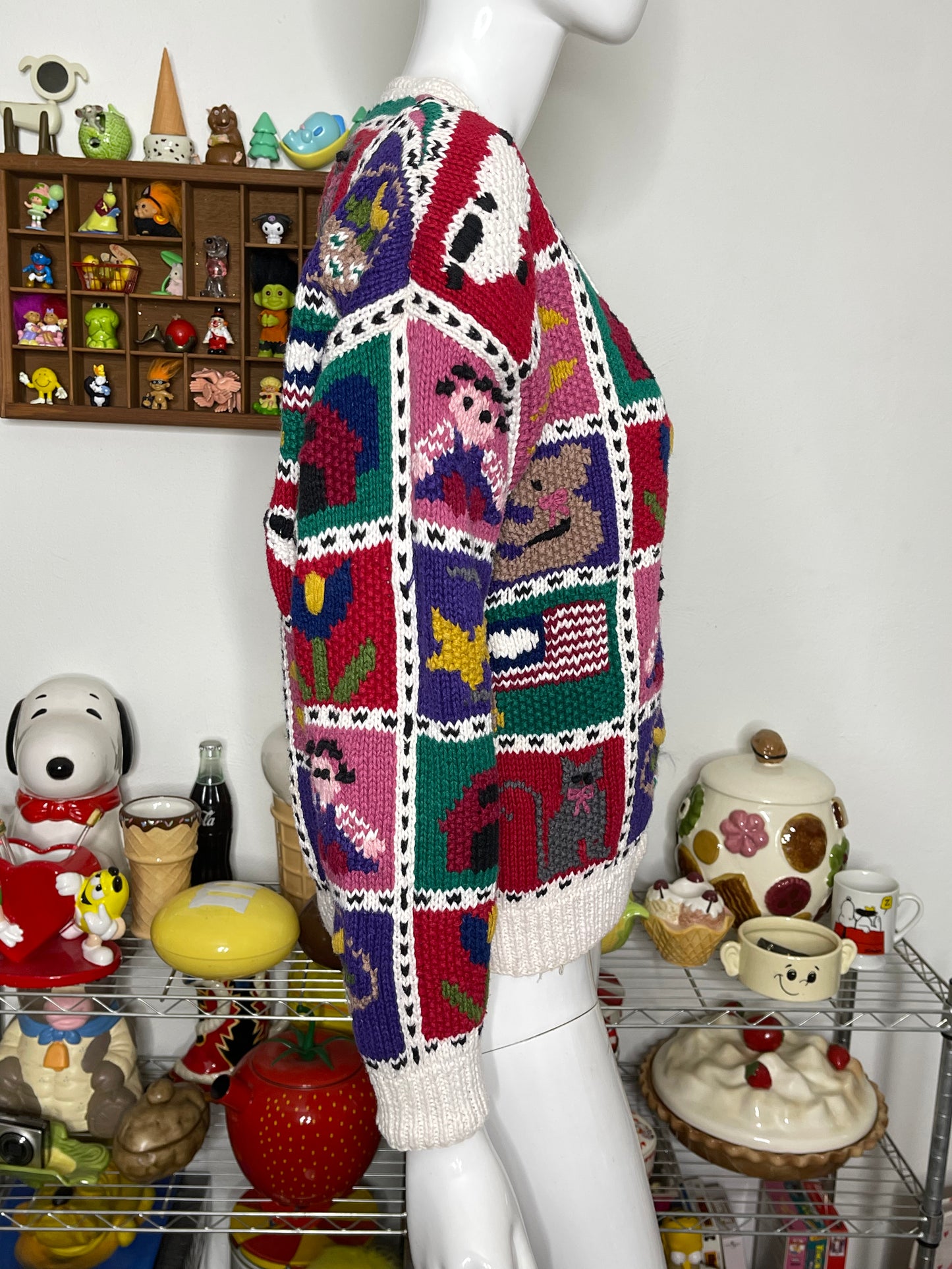 Vintage 90s Chunky Hand Knit Cottage Home Patchwork Cardigan Sz S