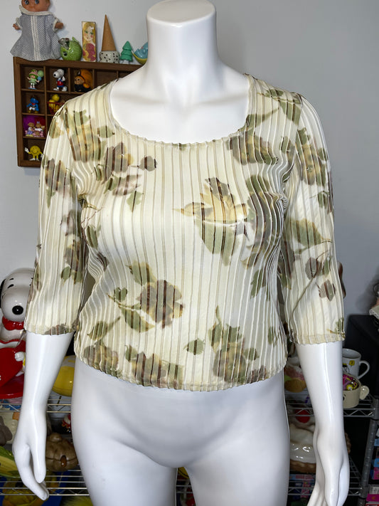 Vintage Butter Cream Floral Sheer Mesh 3/4 Sleeve Top Sz L
