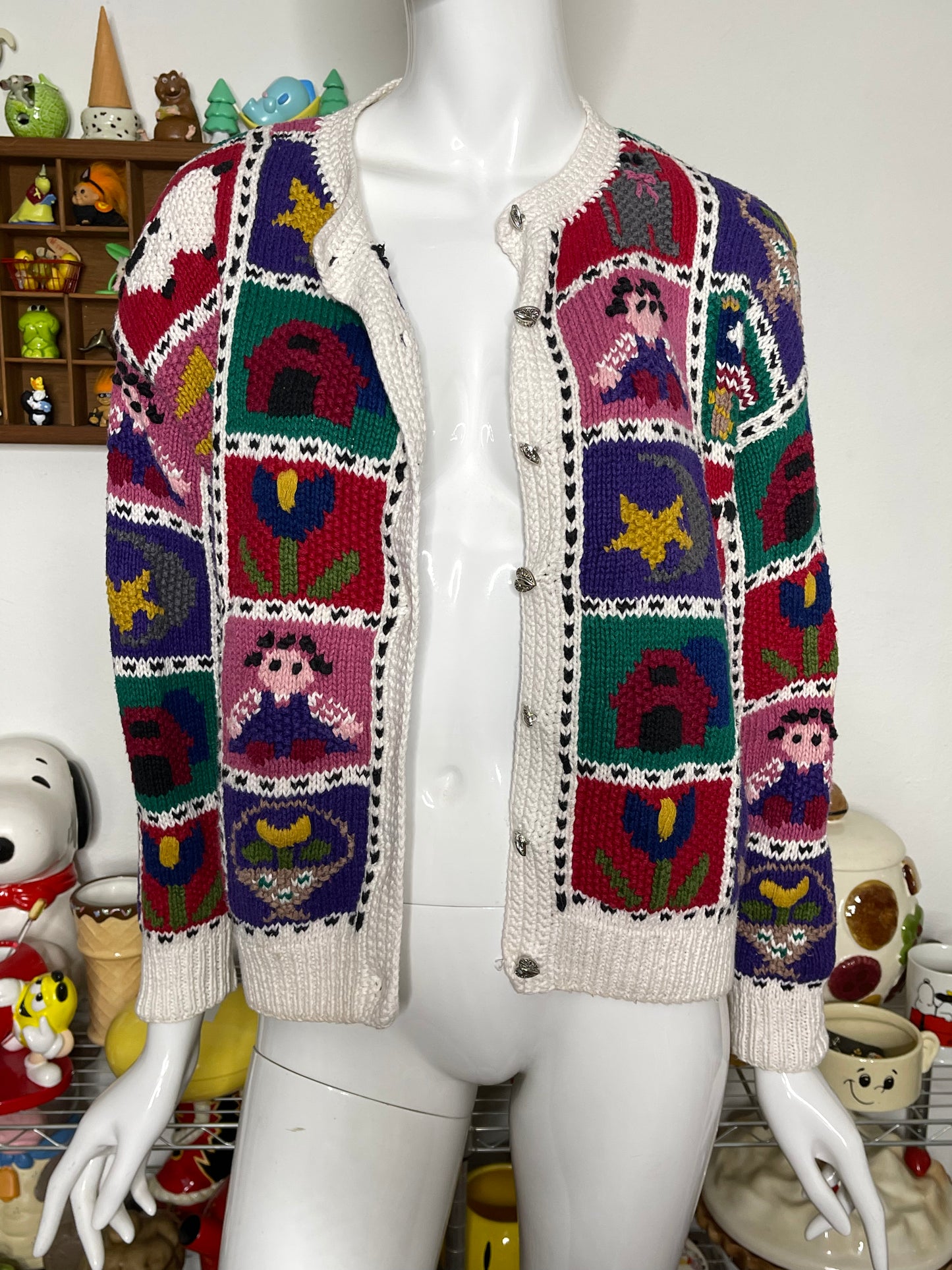 Vintage 90s Chunky Hand Knit Cottage Home Patchwork Cardigan Sz S