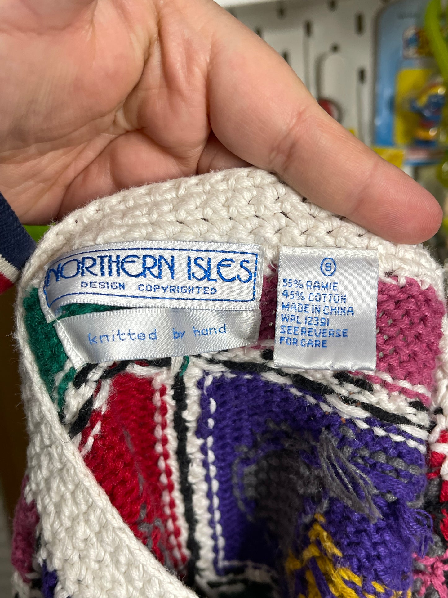 Vintage 90s Chunky Hand Knit Cottage Home Patchwork Cardigan Sz S