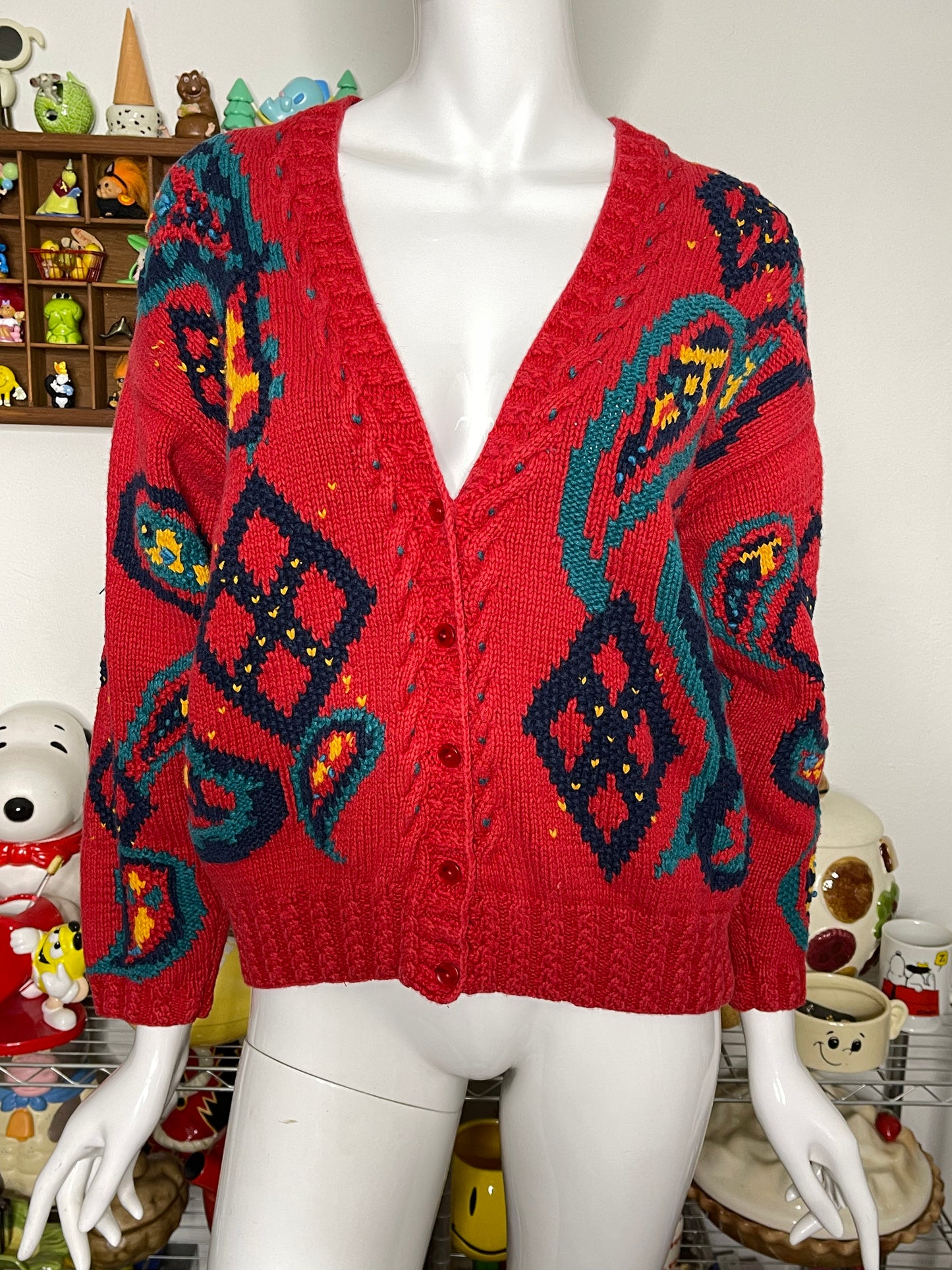 90s chunky paisley hand knit cardigan sz M