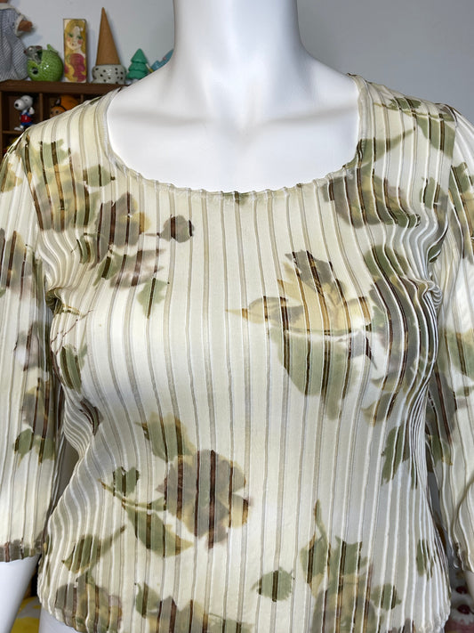 Vintage Butter Cream Floral Sheer Mesh 3/4 Sleeve Top Sz L