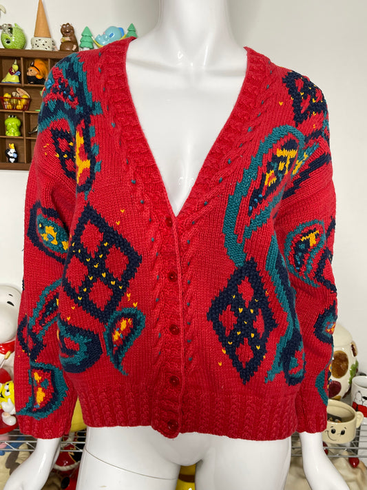 90s chunky paisley hand knit cardigan sz M
