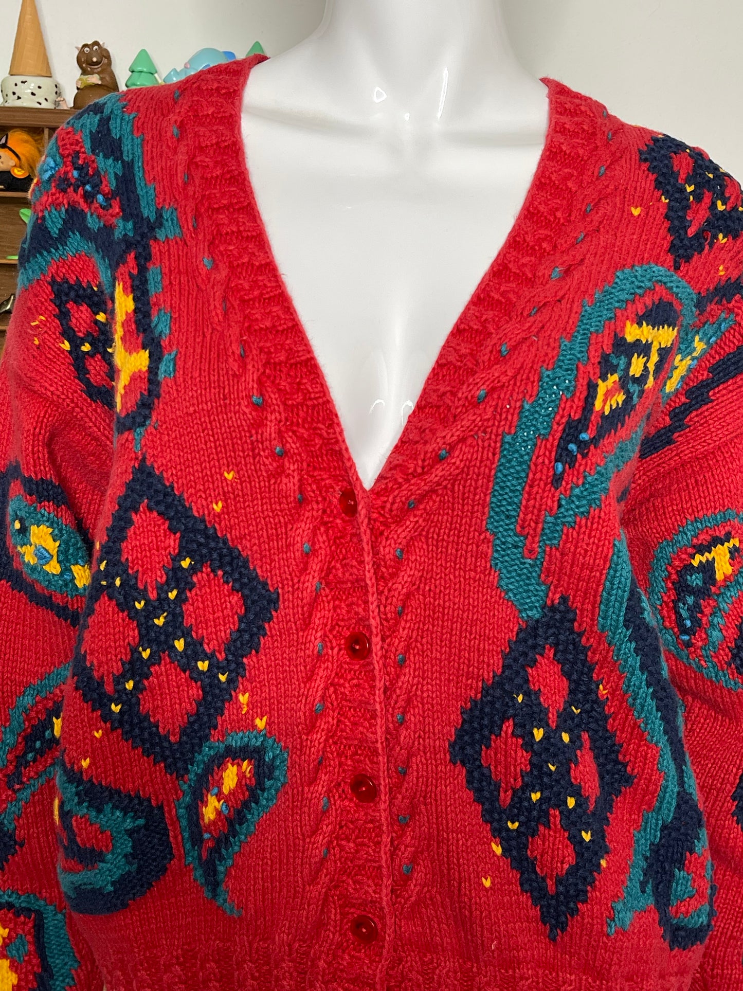 90s chunky paisley hand knit cardigan sz M