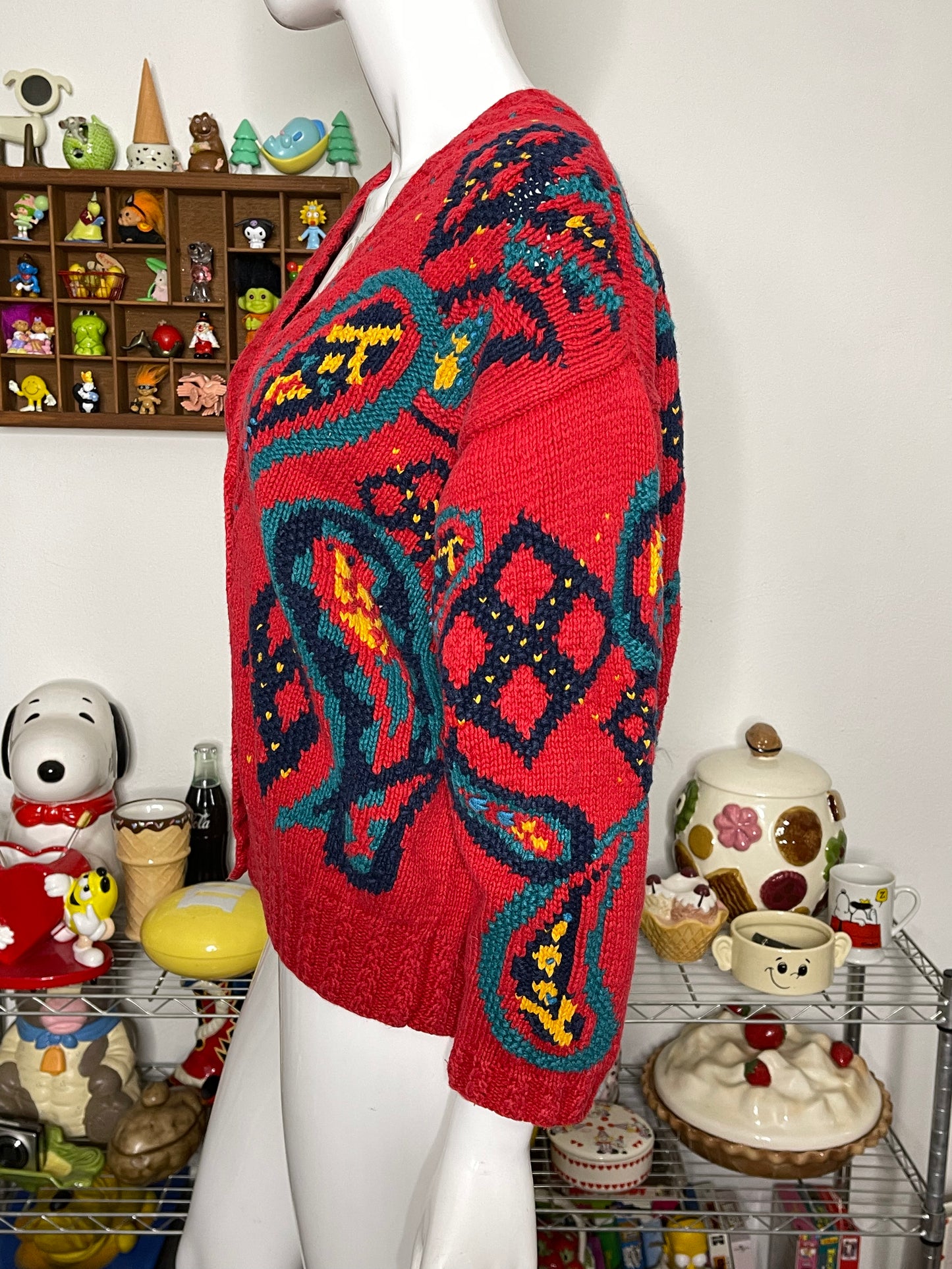 90s chunky paisley hand knit cardigan sz M