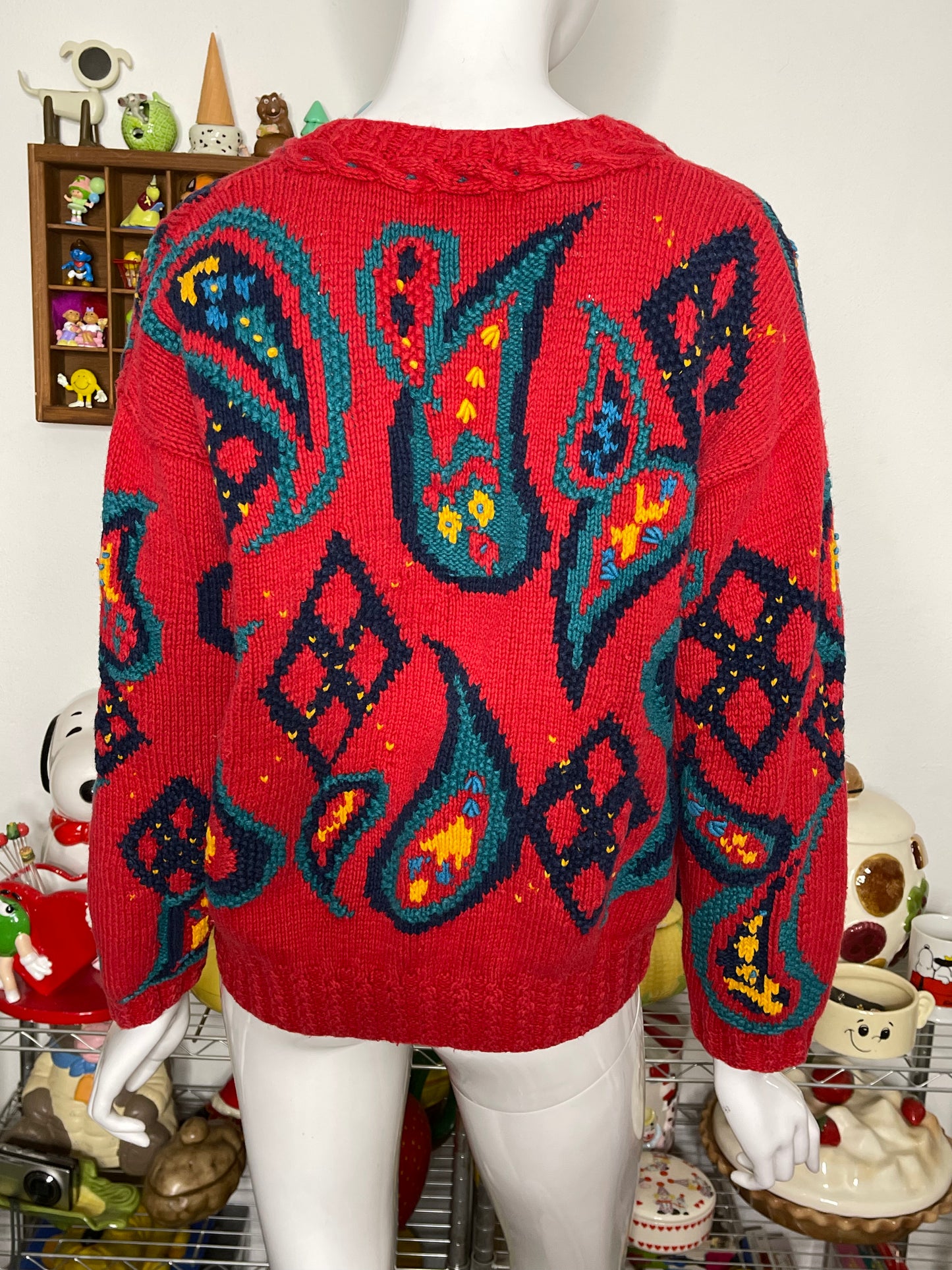 90s chunky paisley hand knit cardigan sz M