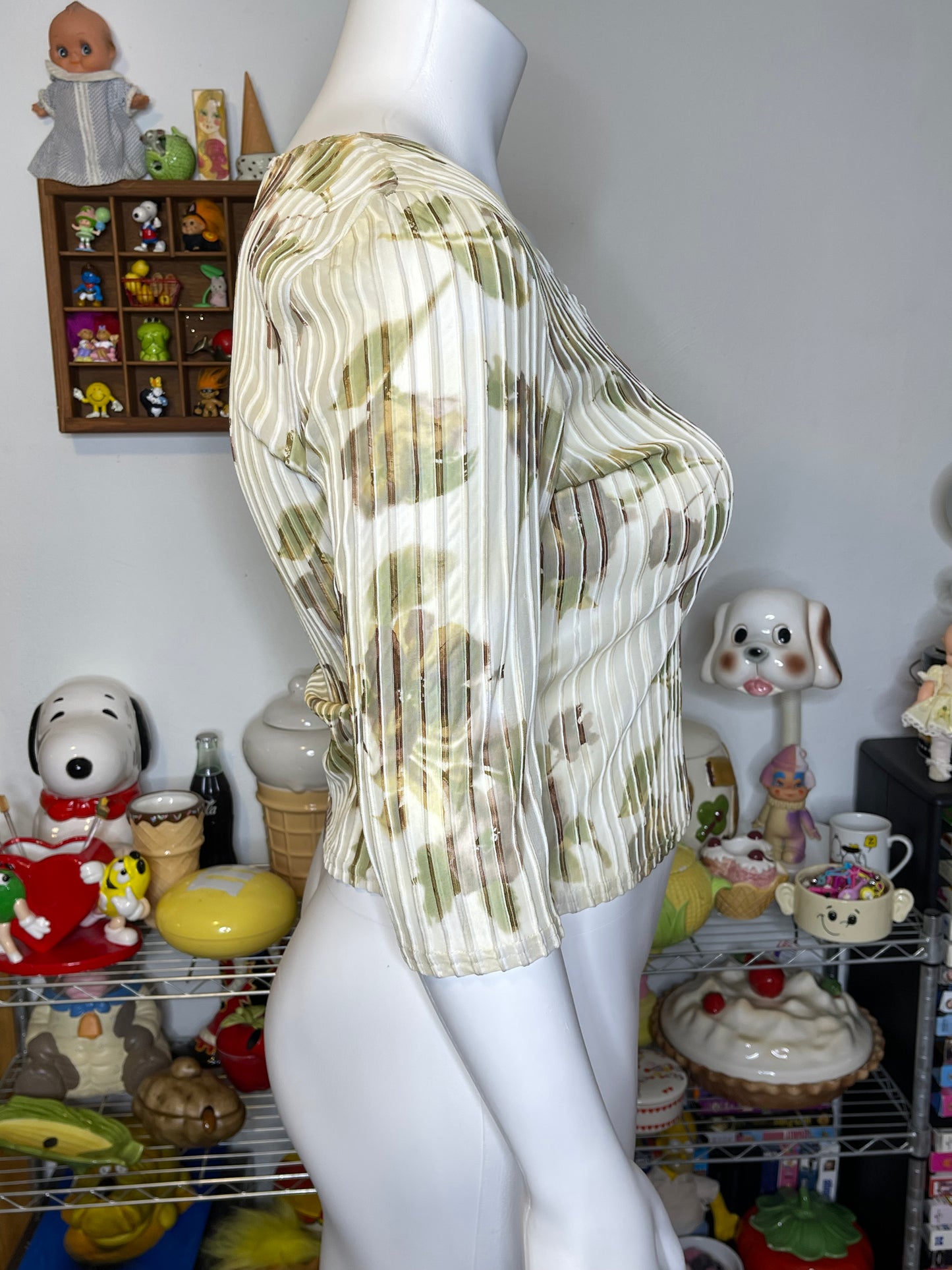 Vintage Butter Cream Floral Sheer Mesh 3/4 Sleeve Top Sz L