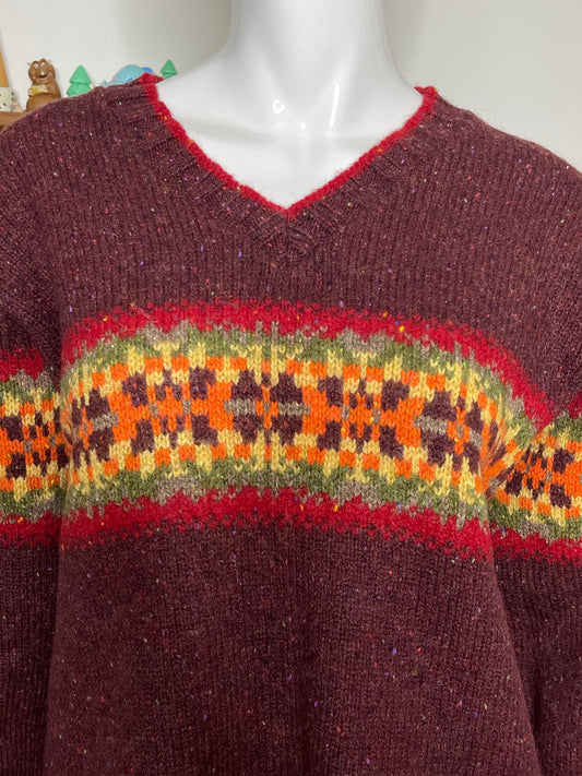 Vintage fall multicolor wool blend knit v-neck sweater sz S/P