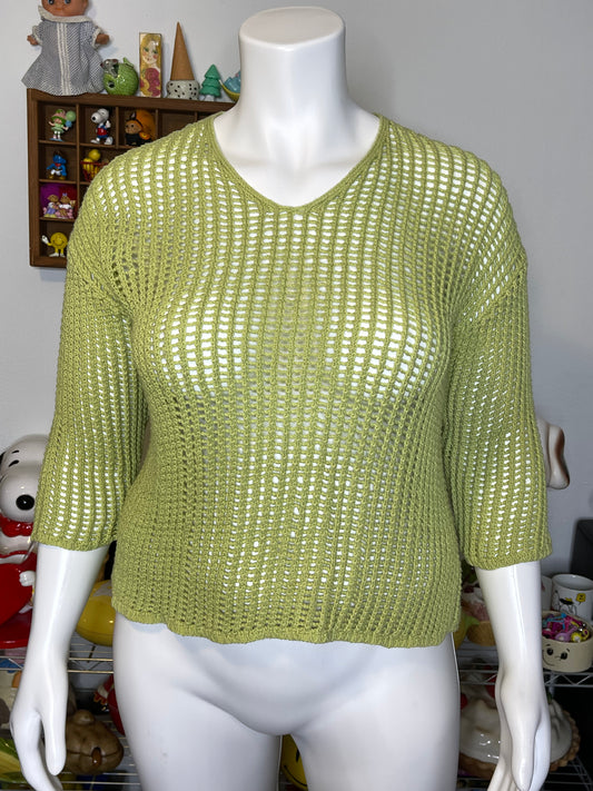 Vintage Apple Green Open Loose Knit V-Neck Sweater Sz L