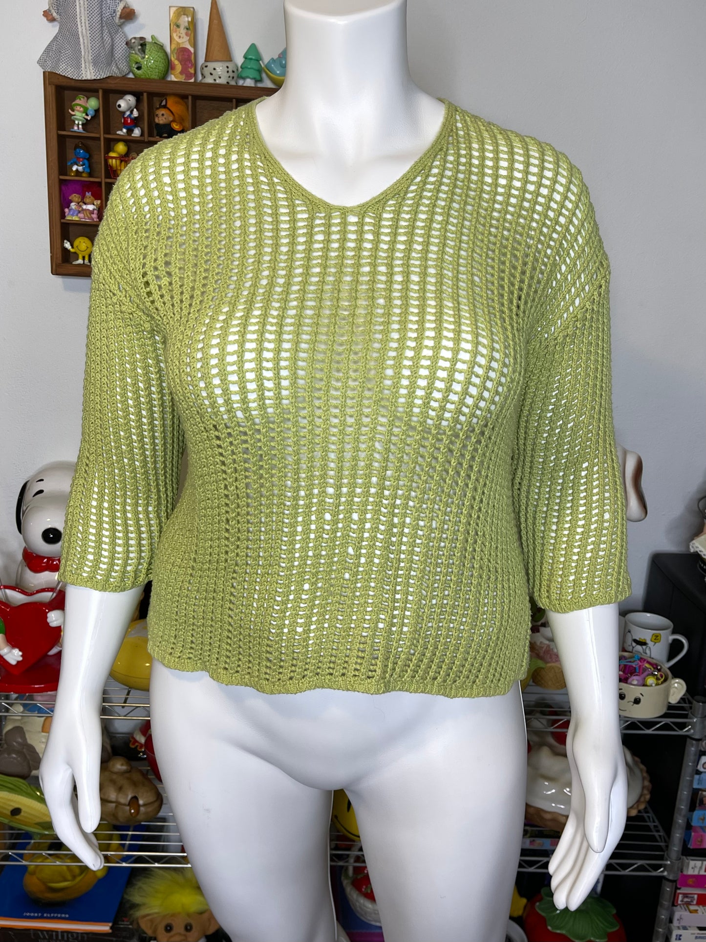 Vintage Apple Green Open Loose Knit V-Neck Sweater Sz L