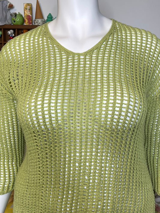 Vintage Apple Green Open Loose Knit V-Neck Sweater Sz L