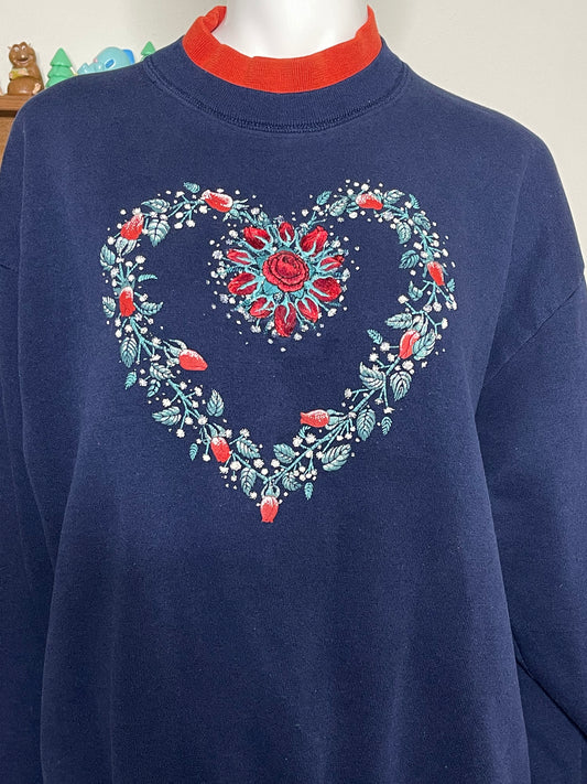 90s Winter Rose Emboridered Crewneck Sweater Sz L