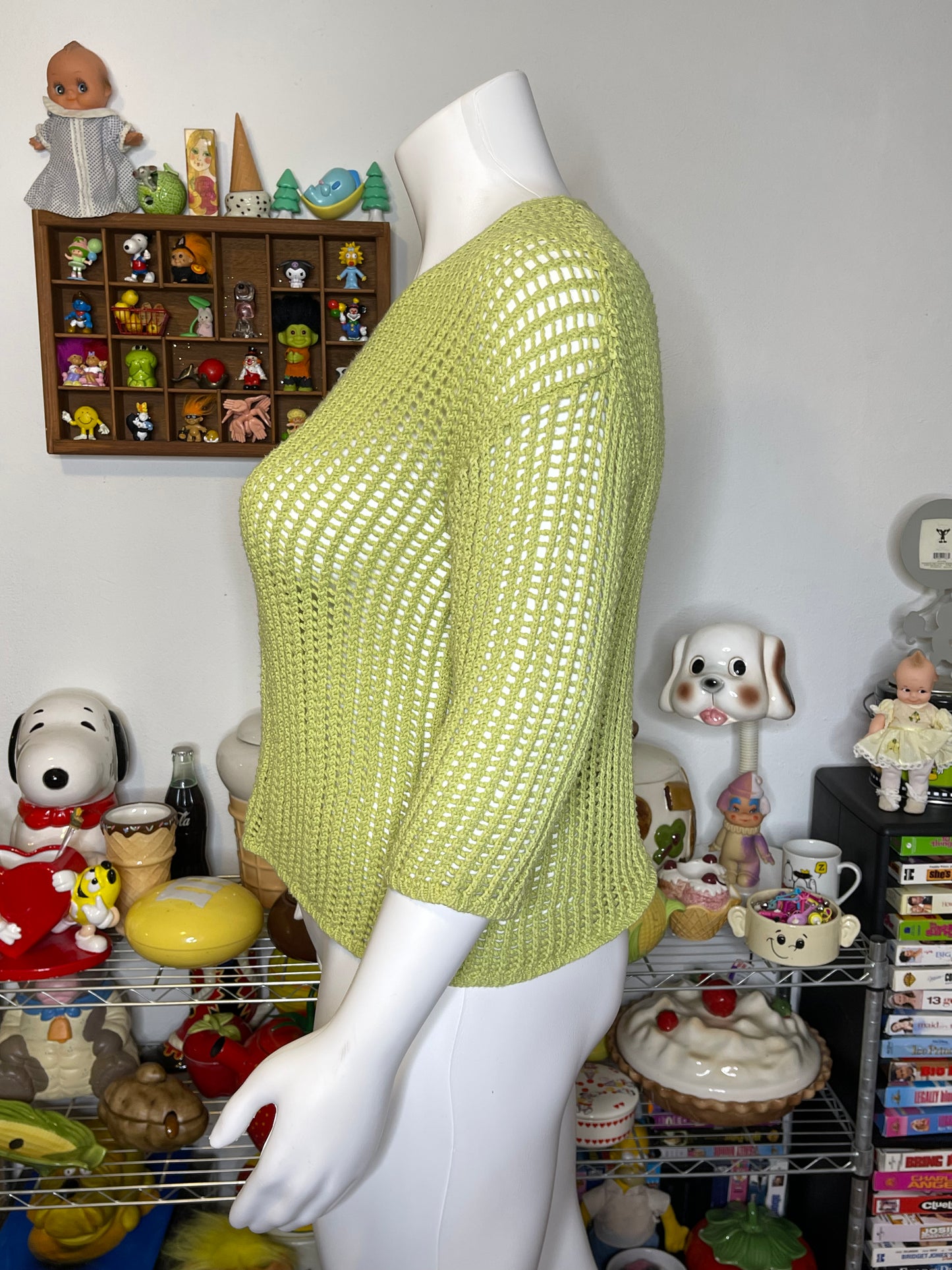 Vintage Apple Green Open Loose Knit V-Neck Sweater Sz L