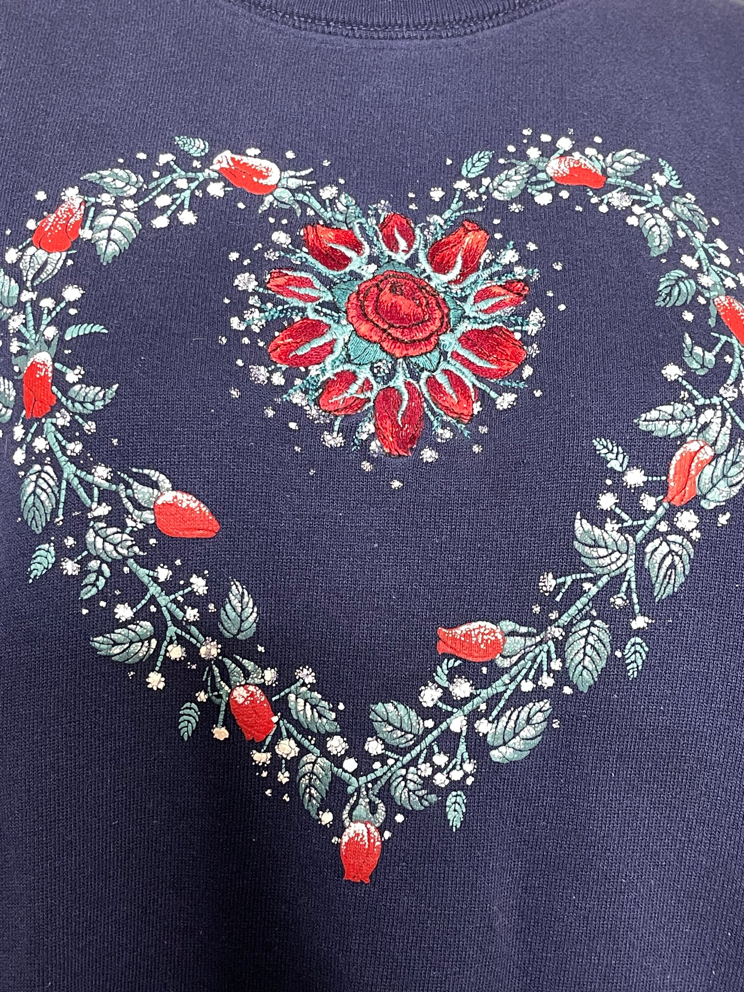 90s Winter Rose Emboridered Crewneck Sweater Sz L