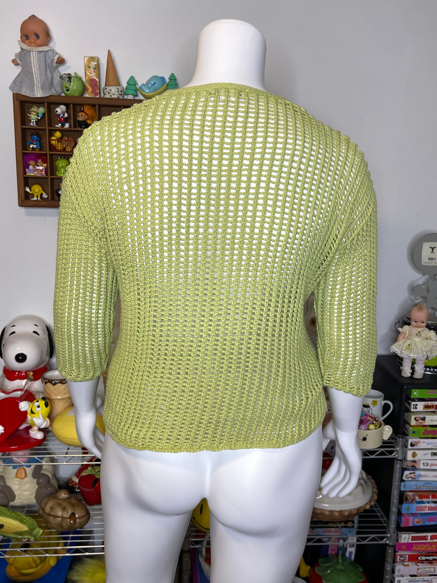 Vintage Apple Green Open Loose Knit V-Neck Sweater Sz L