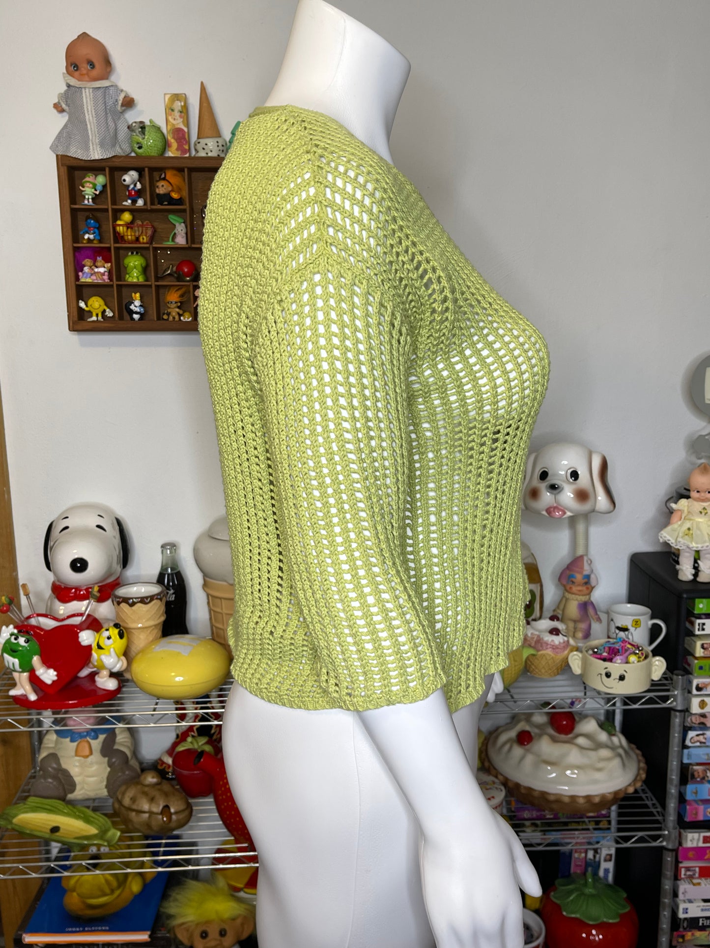 Vintage Apple Green Open Loose Knit V-Neck Sweater Sz L