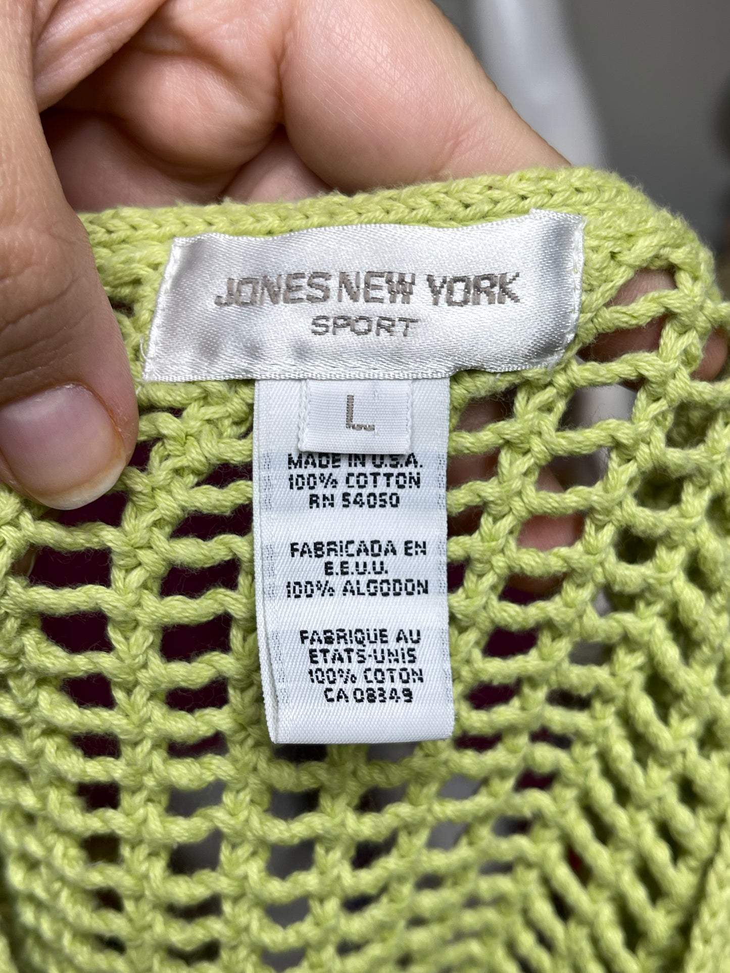 Vintage Apple Green Open Loose Knit V-Neck Sweater Sz L