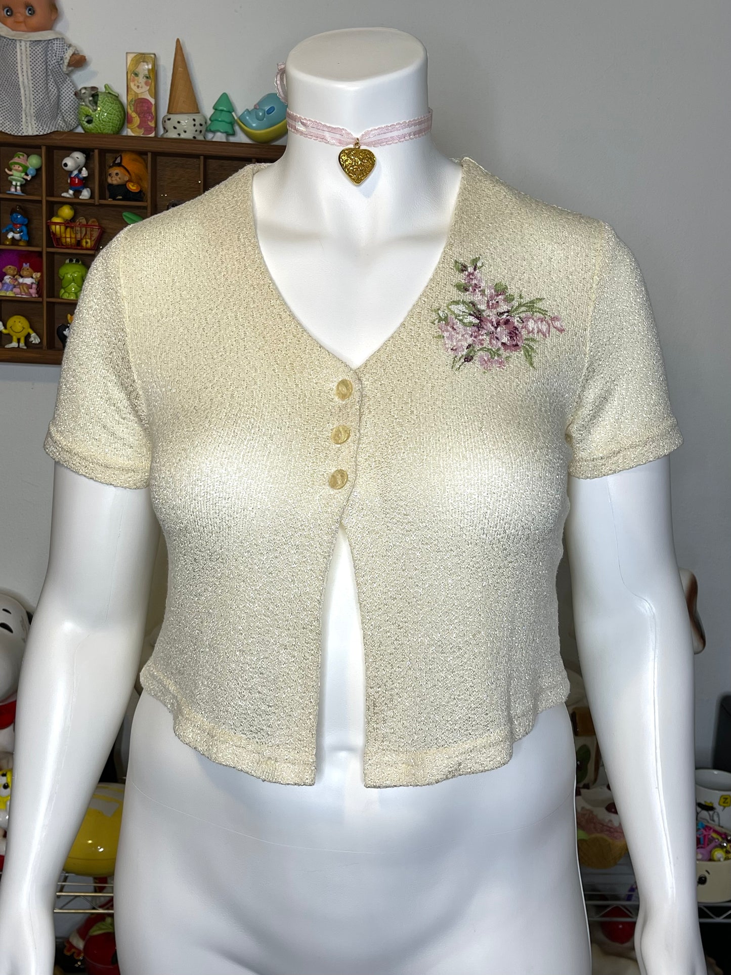 Vintage Cream Floral Knit Cropped Cardigan Sz L