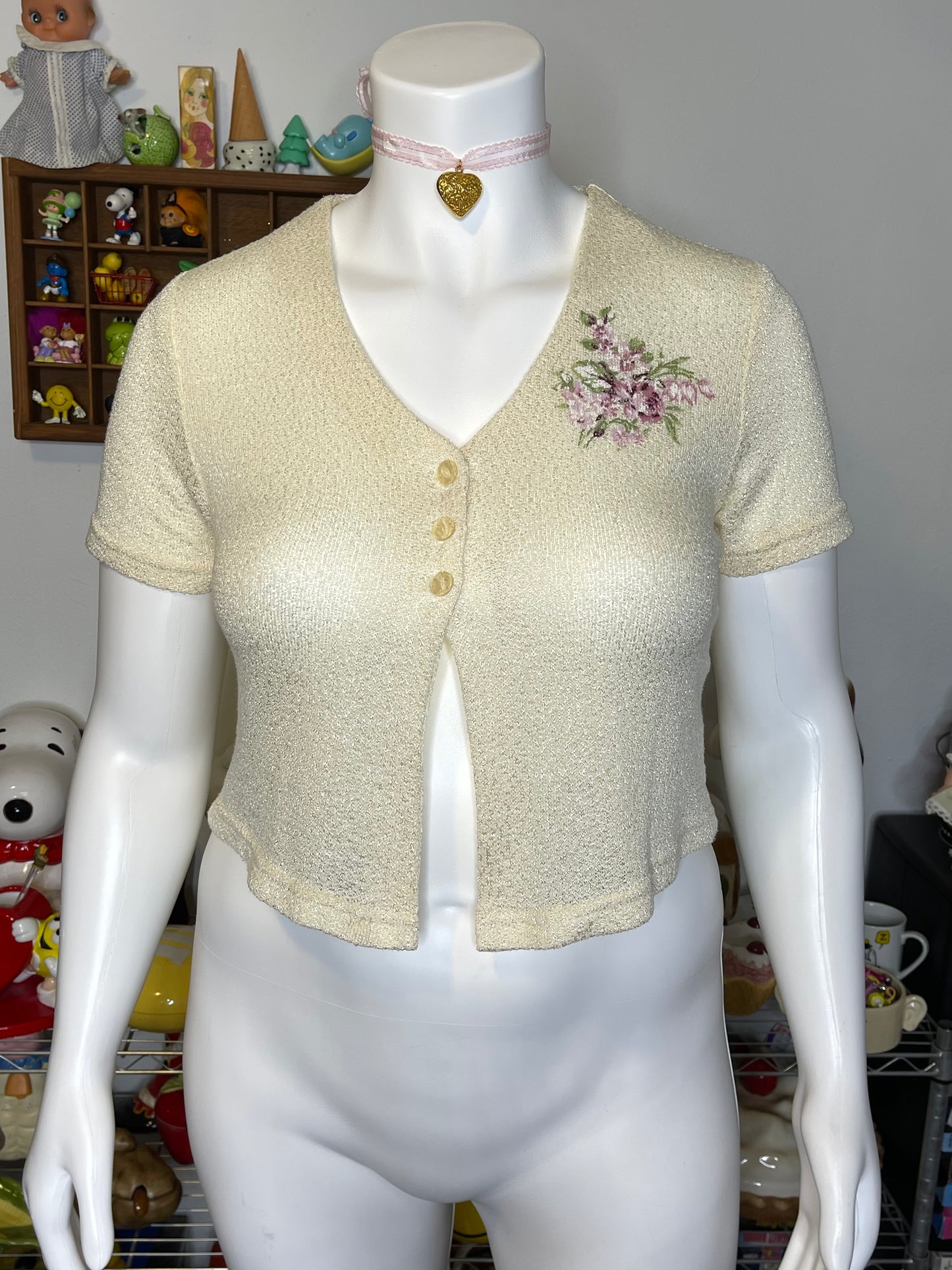 Vintage Cream Floral Knit Cropped Cardigan Sz L