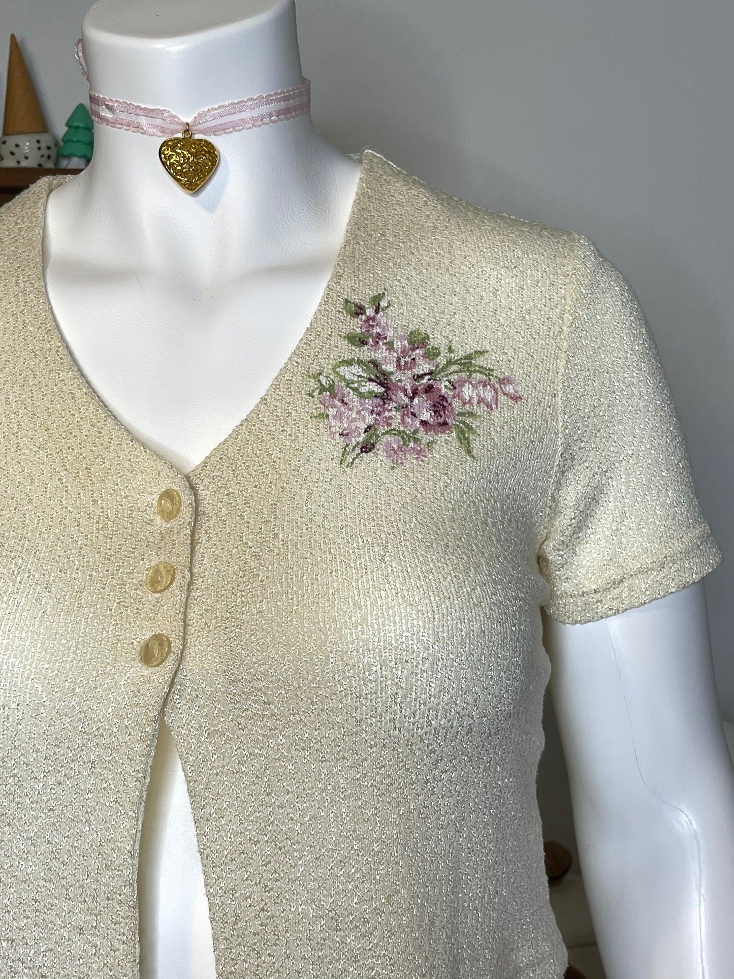 Vintage Cream Floral Knit Cropped Cardigan Sz L