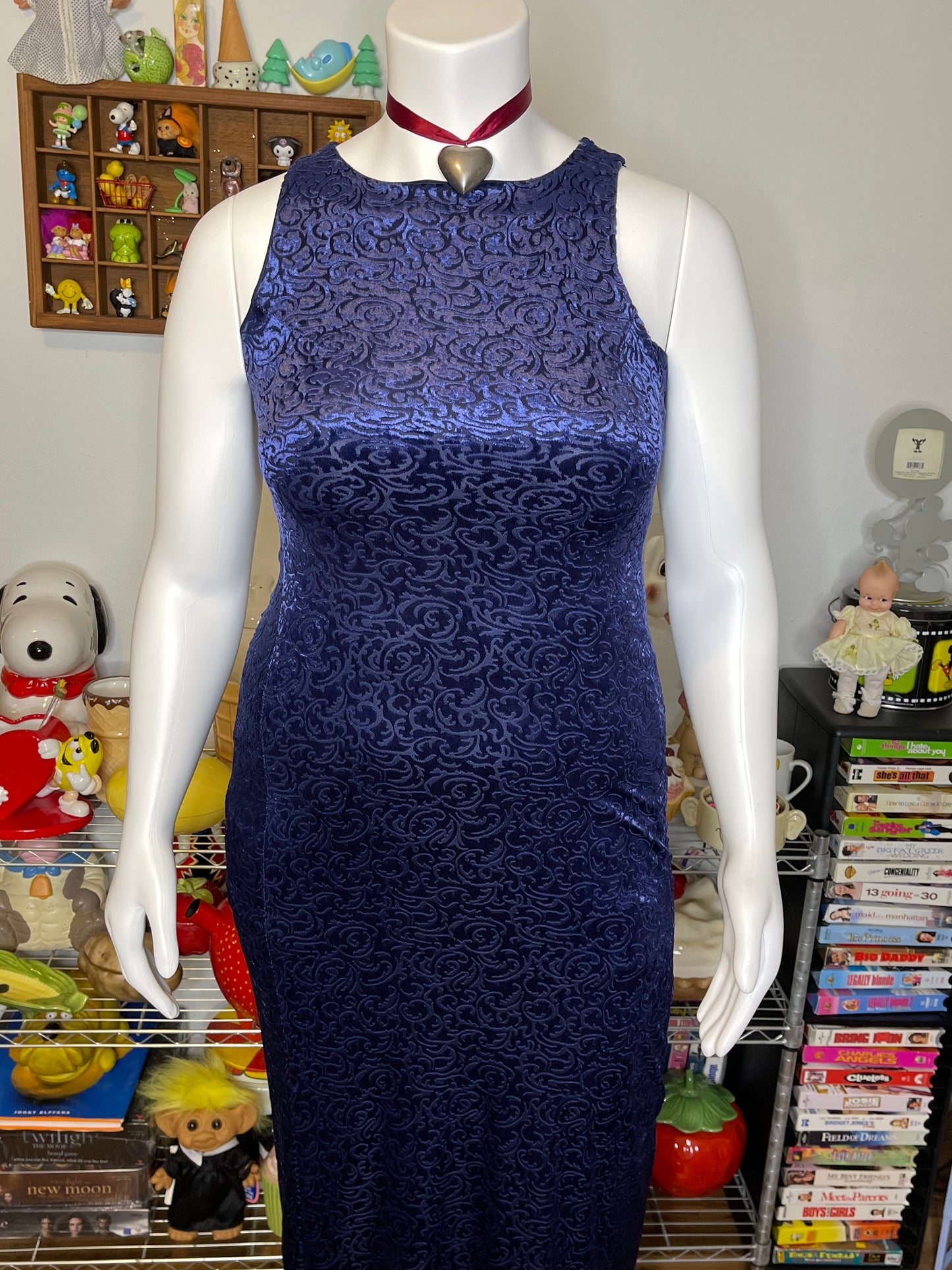 Vintage 90s Blue Velvet & Mesh Swirly Maxi Length Dress Sz L