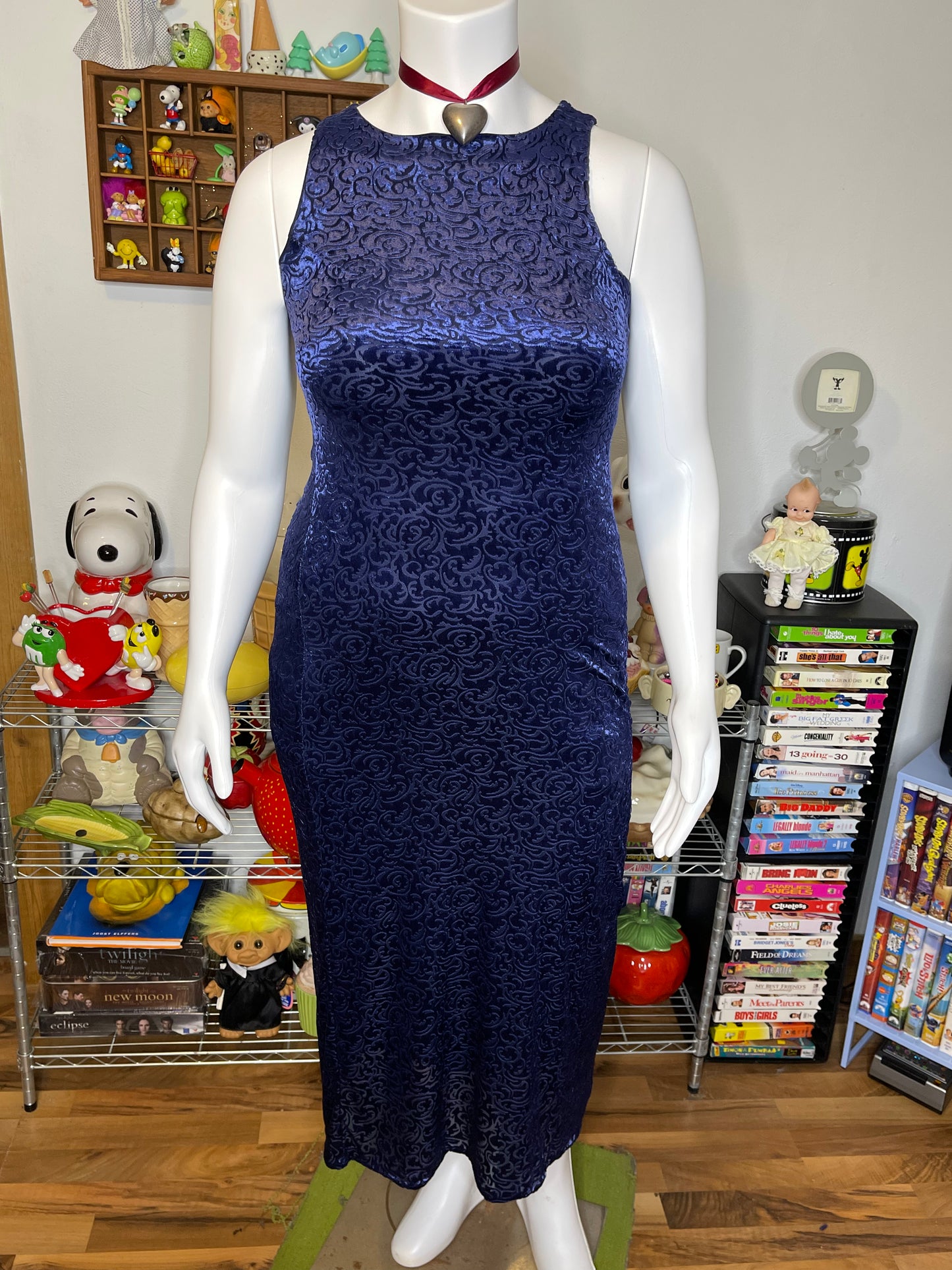 Vintage 90s Blue Velvet & Mesh Swirly Maxi Length Dress Sz L
