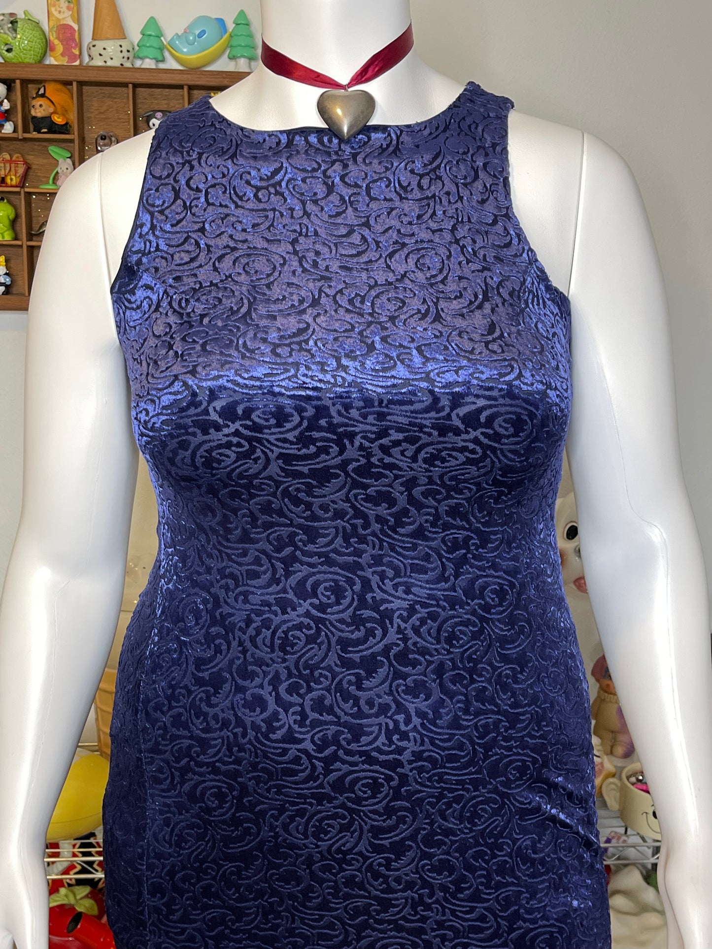 Vintage 90s Blue Velvet & Mesh Swirly Maxi Length Dress Sz L