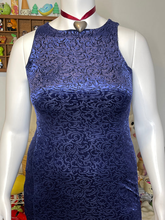 Vintage 90s Blue Velvet & Mesh Swirly Maxi Length Dress Sz L