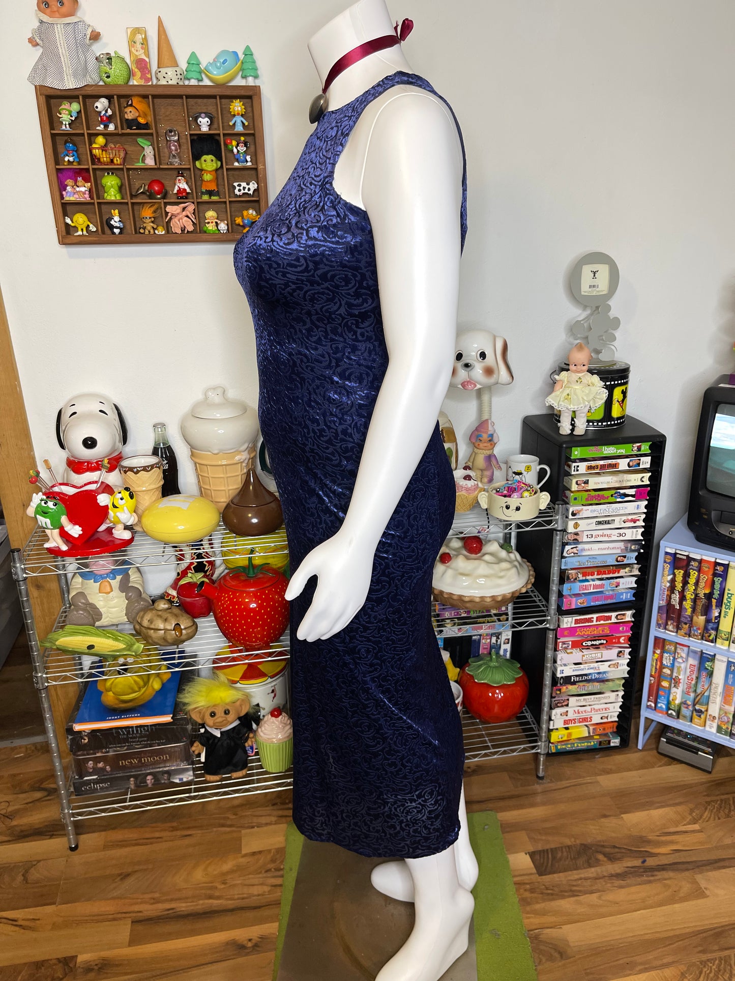 Vintage 90s Blue Velvet & Mesh Swirly Maxi Length Dress Sz L