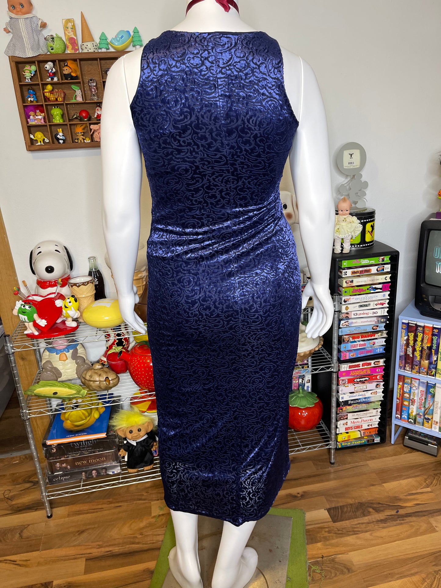 Vintage 90s Blue Velvet & Mesh Swirly Maxi Length Dress Sz L