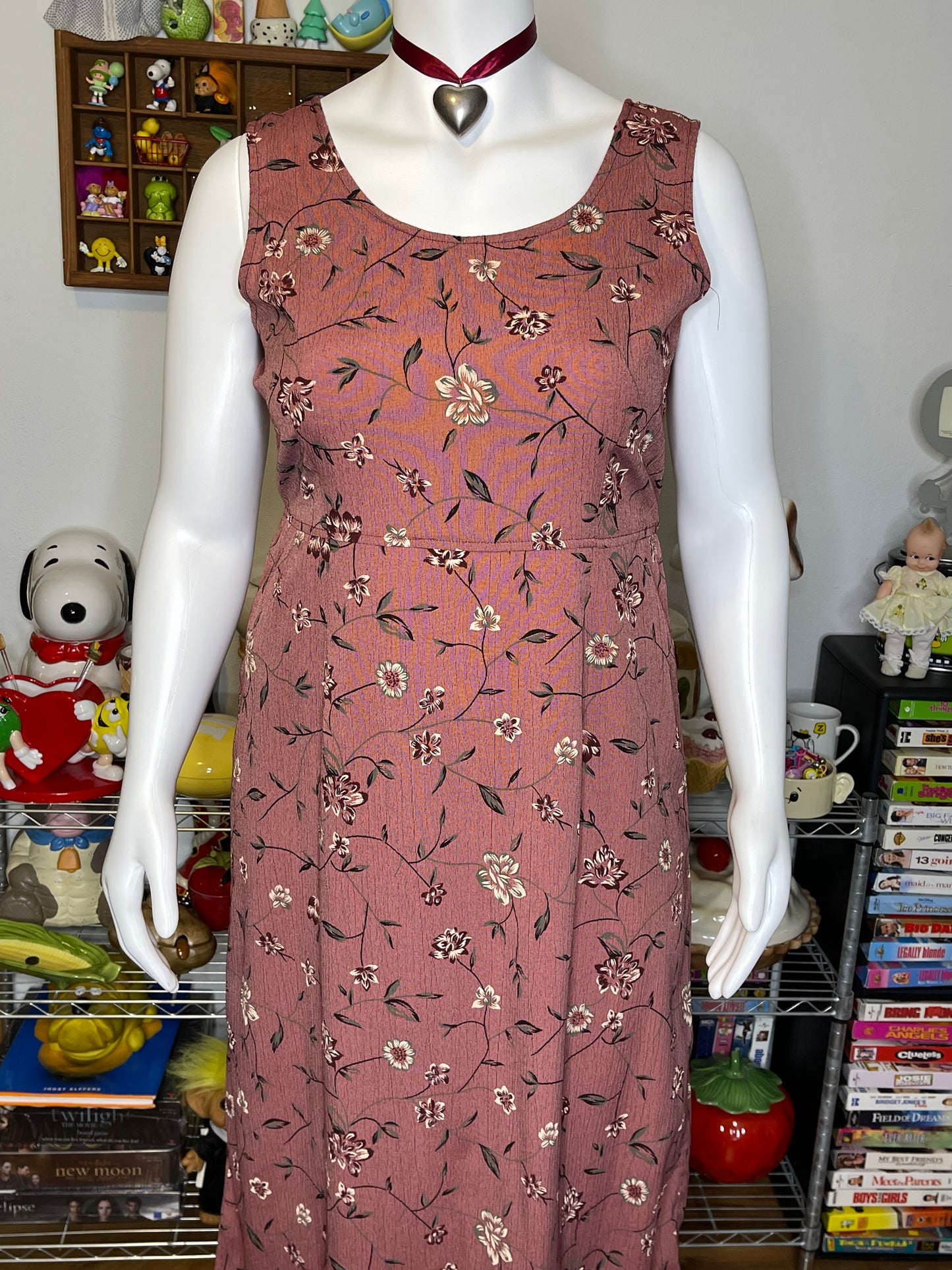 Vintage Burnt Rose Floral Print Maxi Dress Sz L/XL
