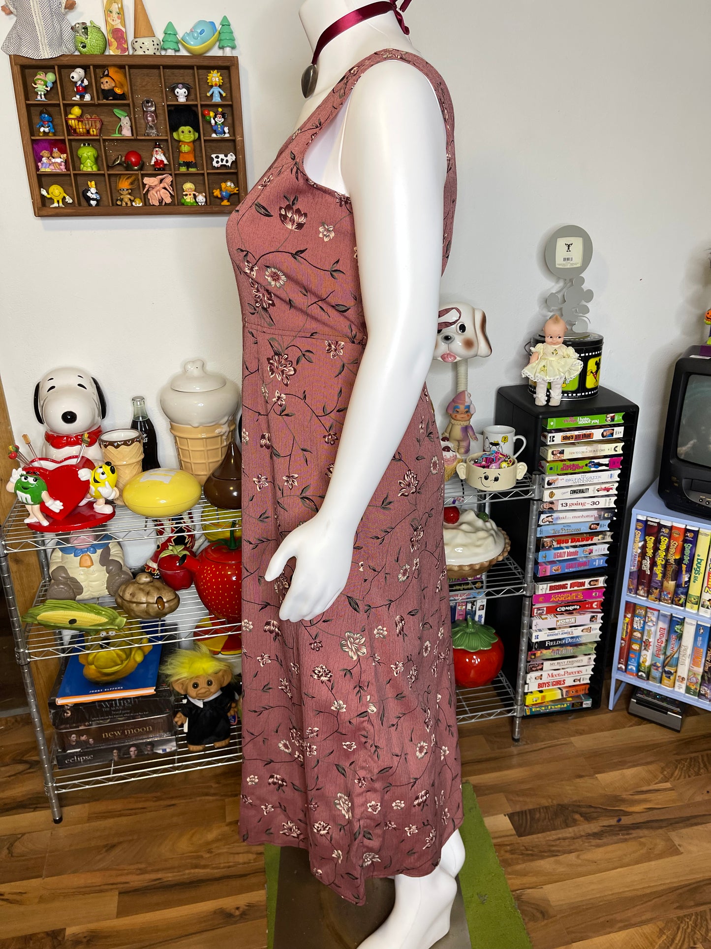 Vintage Burnt Rose Floral Print Maxi Dress Sz L/XL