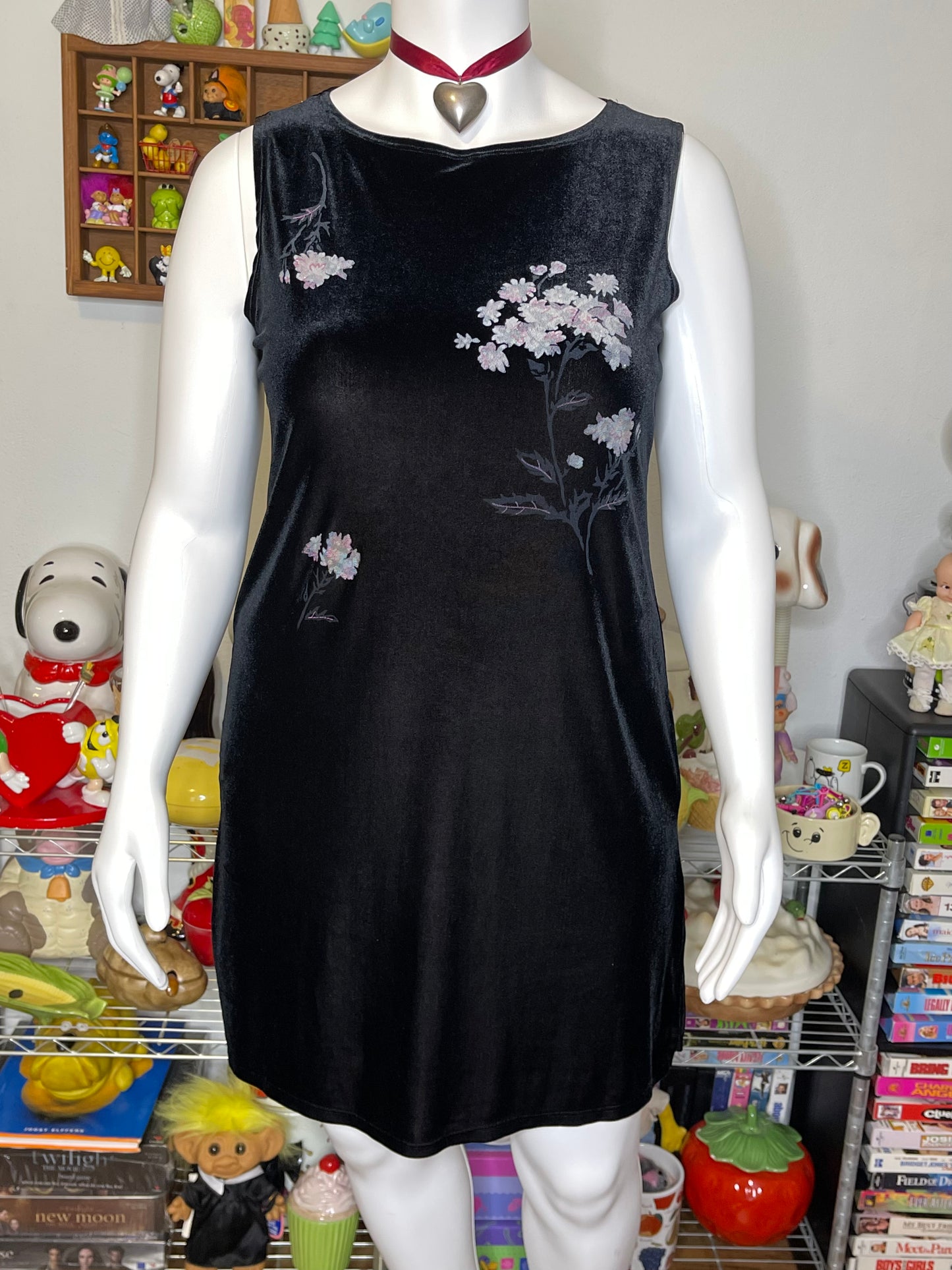Vintage 90s Black Velvet Floral Mini Midi Dress Sz L/XL