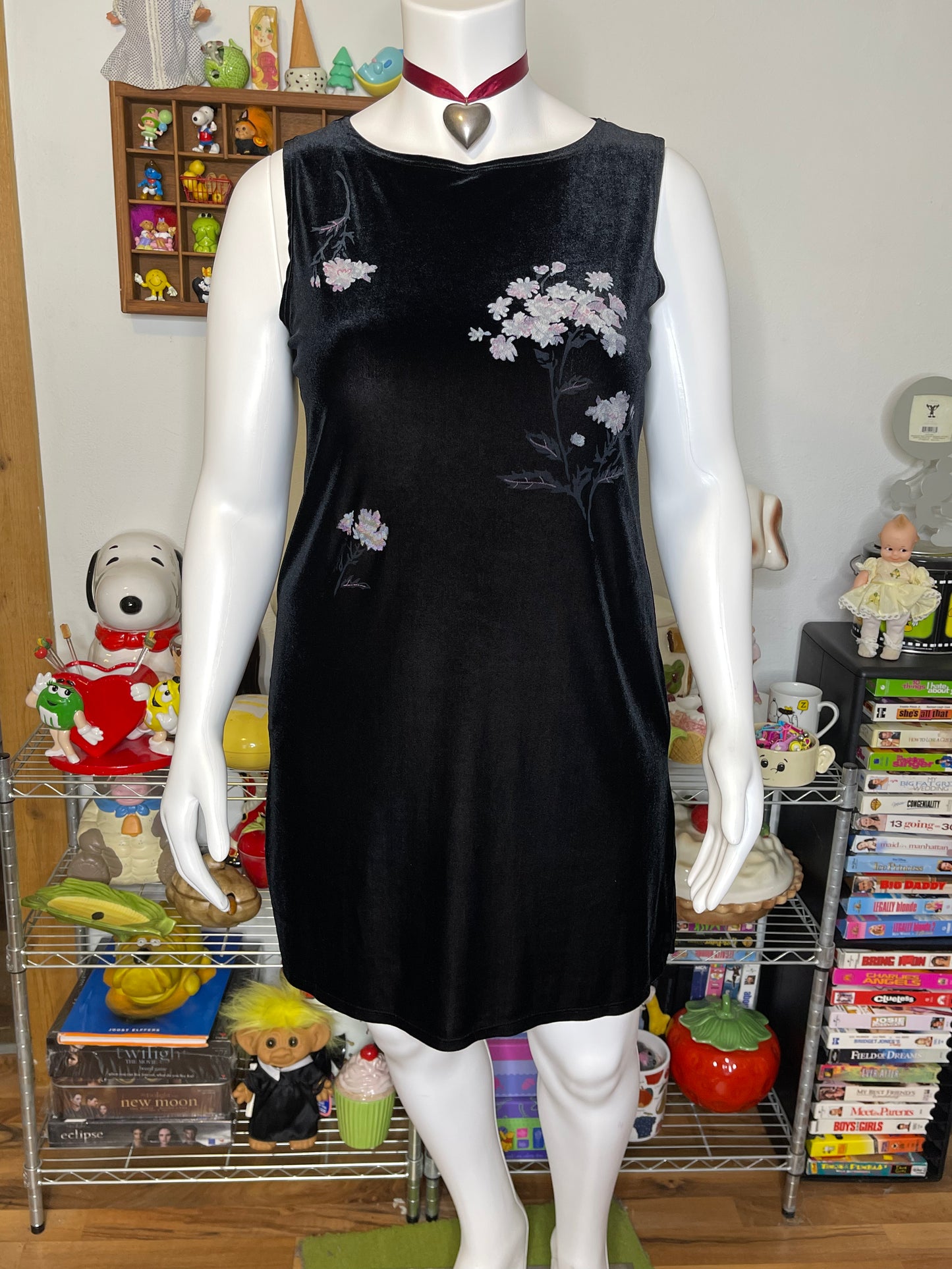 Vintage 90s Black Velvet Floral Mini Midi Dress Sz L/XL