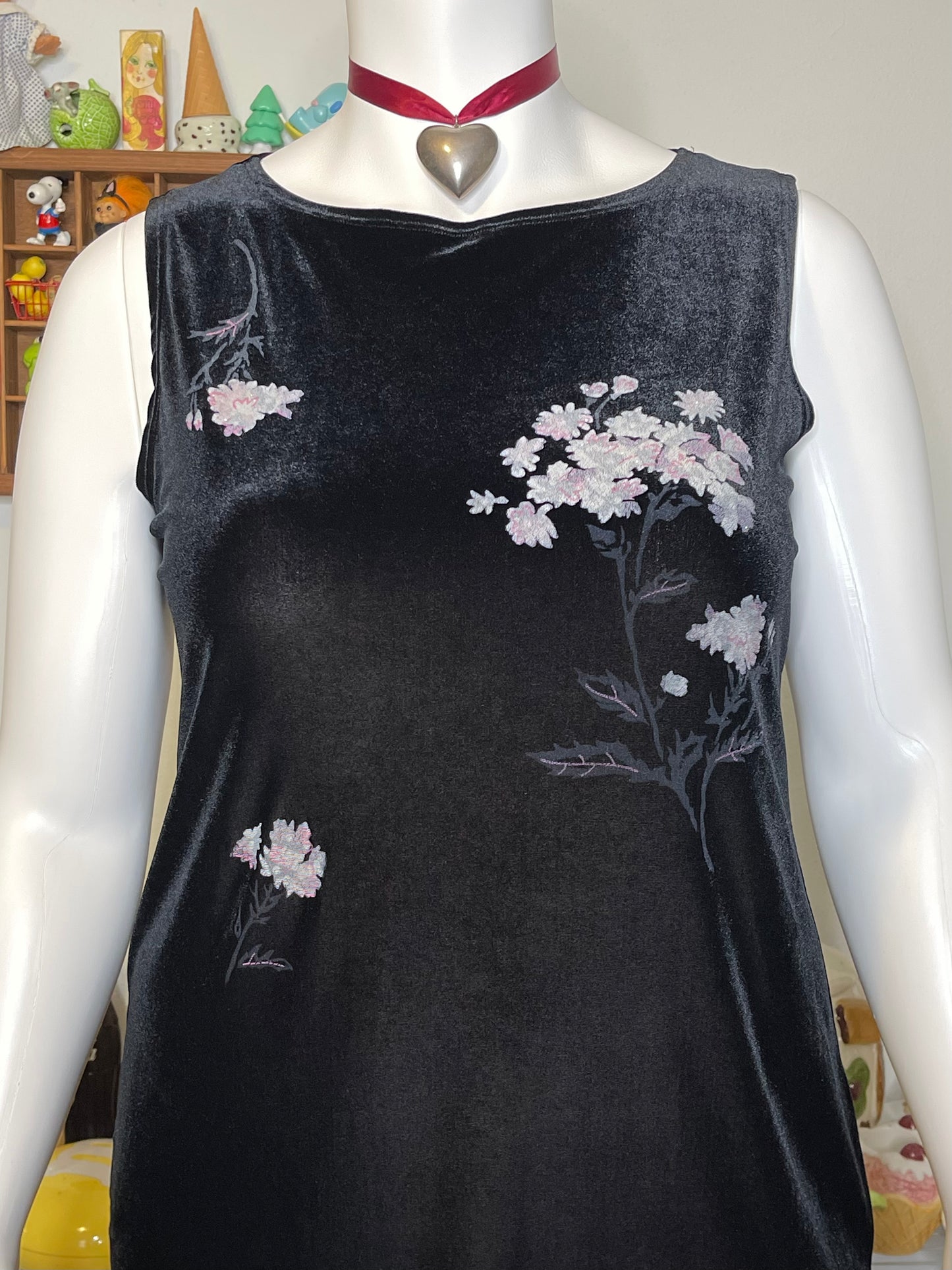 Vintage 90s Black Velvet Floral Mini Midi Dress Sz L/XL