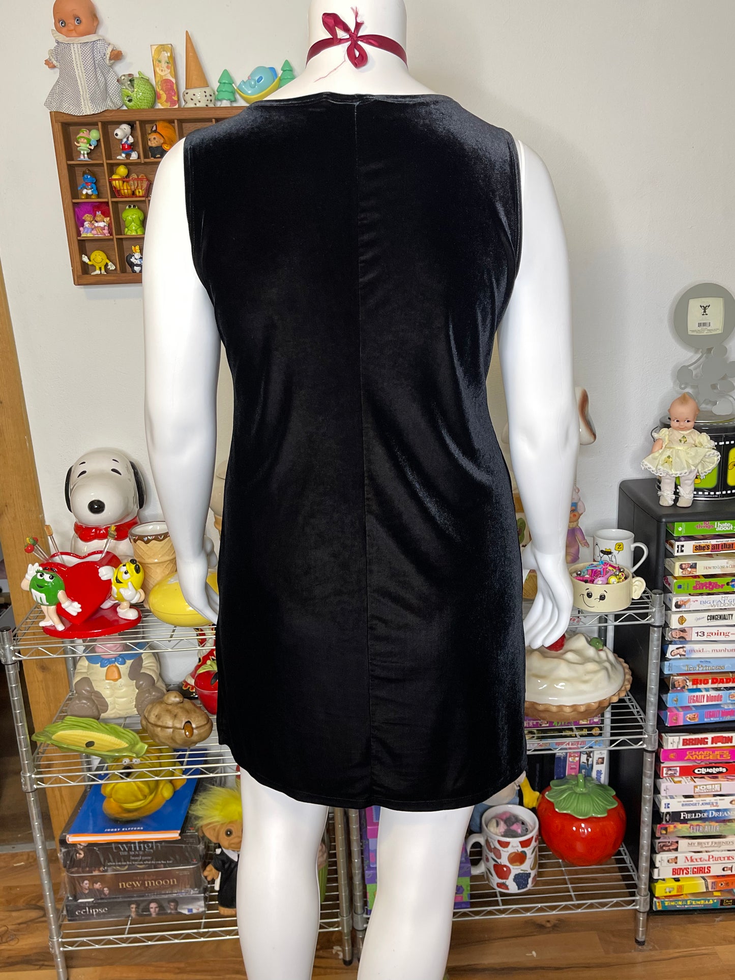 Vintage 90s Black Velvet Floral Mini Midi Dress Sz L/XL