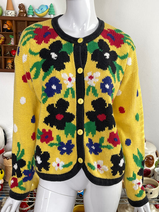 Vintage 90s Colorful Flower Polka Dot Clown Cardigan Sz S/P