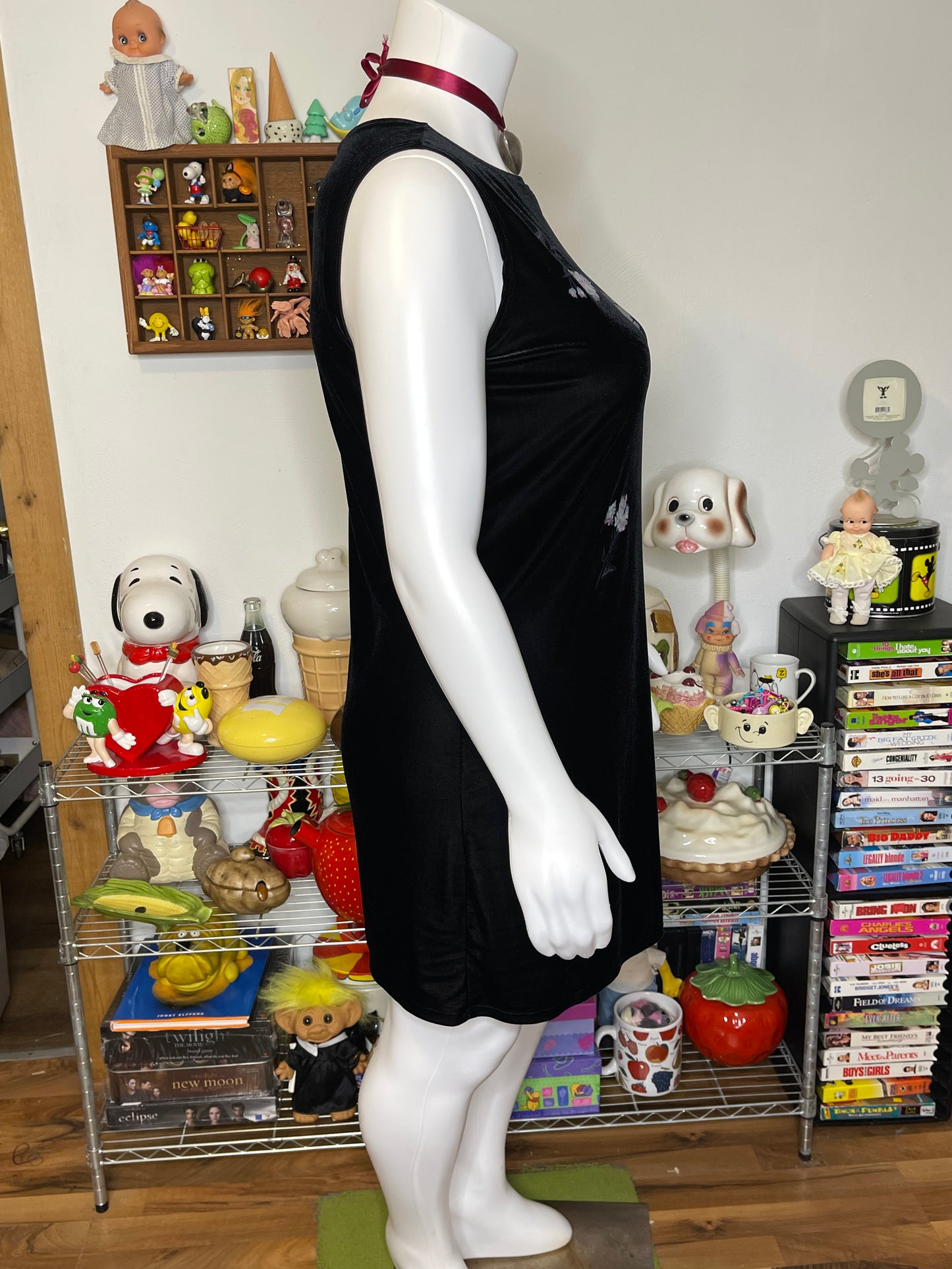 Vintage 90s Black Velvet Floral Mini Midi Dress Sz L/XL