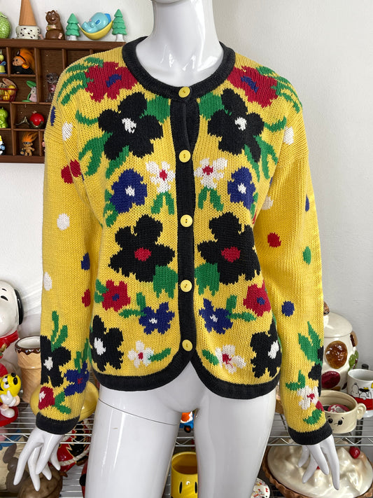 Vintage 90s Colorful Flower Polka Dot Clown Cardigan Sz S/P