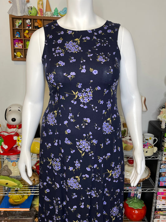 Vintage Navy Blue & Purple Flower Print Maxi Dress Sz L