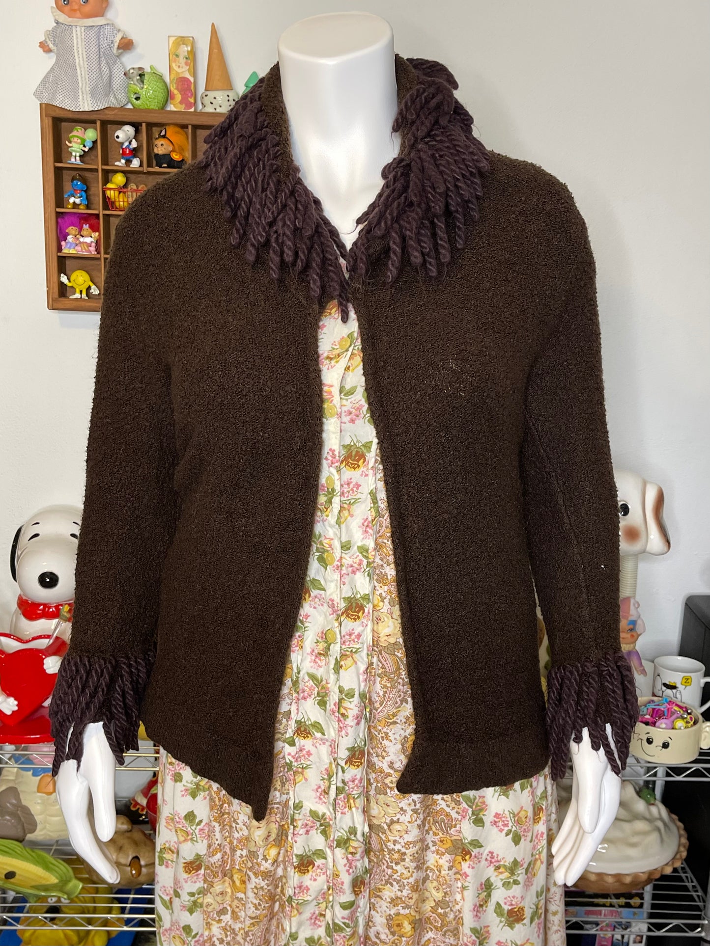 2000s Chocolate Brown Shag Fringe Cardigan Sz L