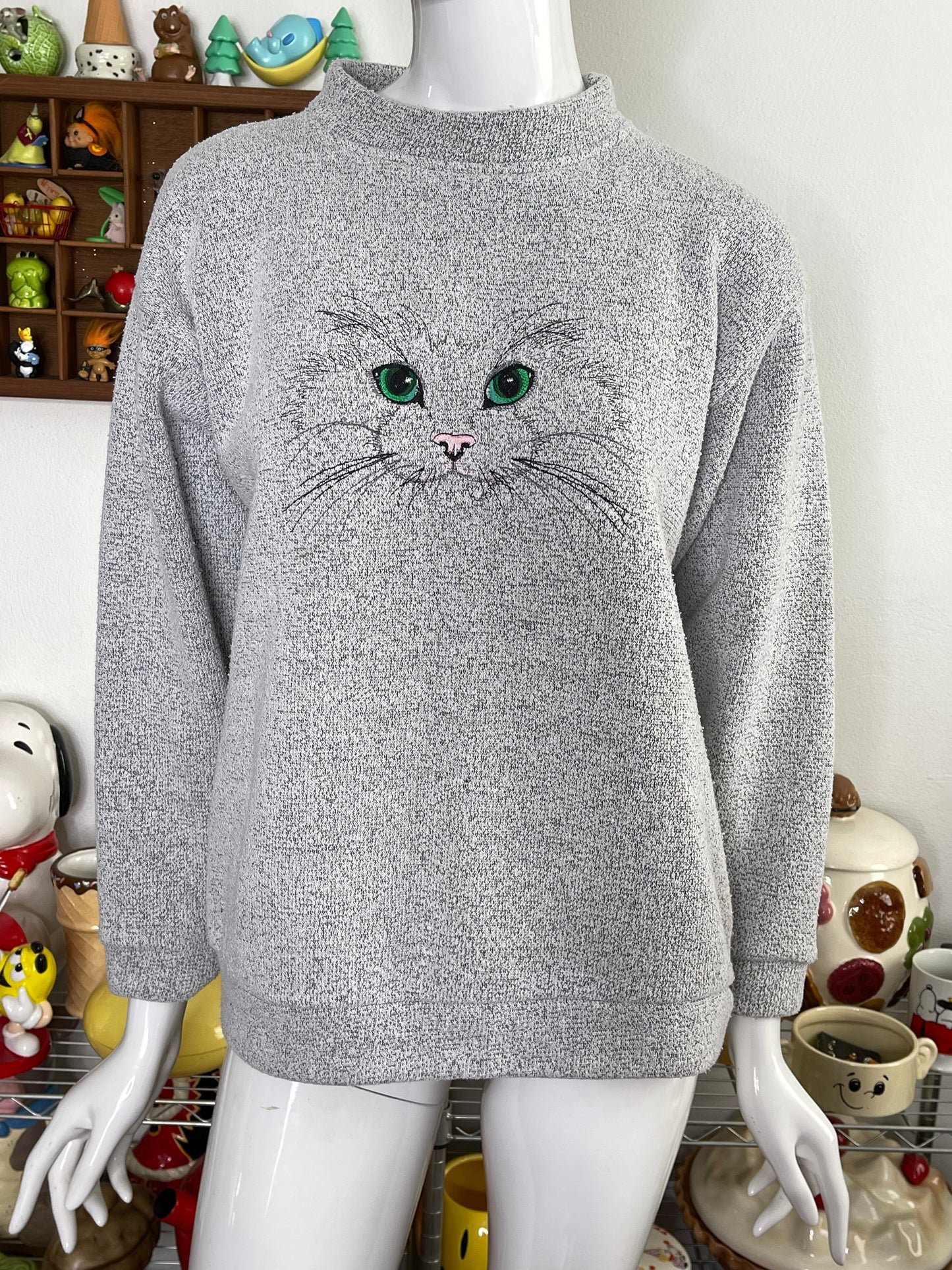 Vintage Grey Cat Embroidered Knit Sweater Sz M