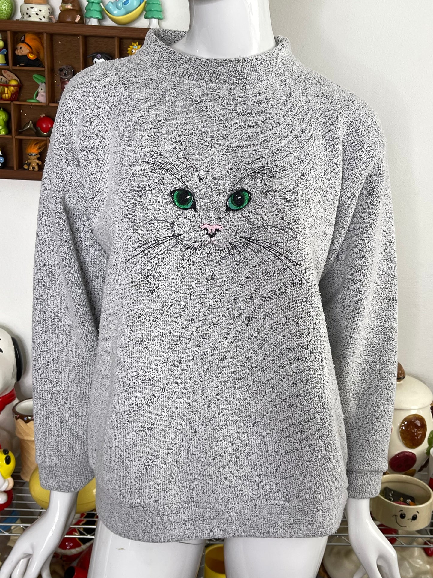 Vintage Grey Cat Embroidered Knit Sweater Sz M