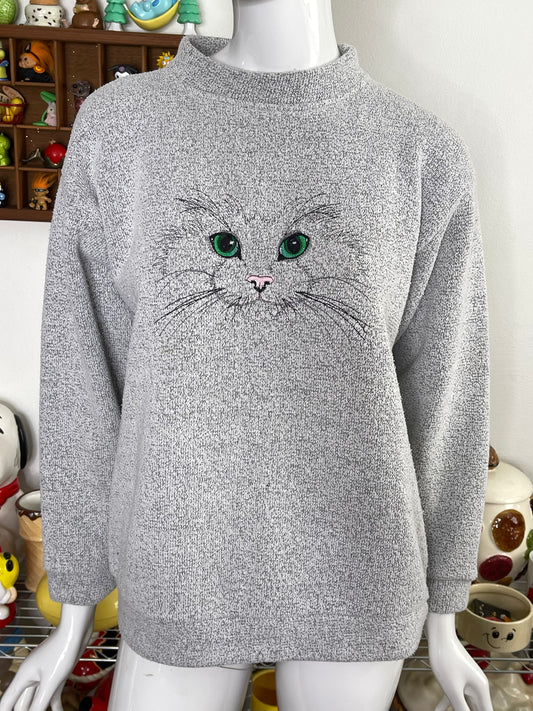 Vintage Grey Cat Embroidered Knit Sweater Sz M