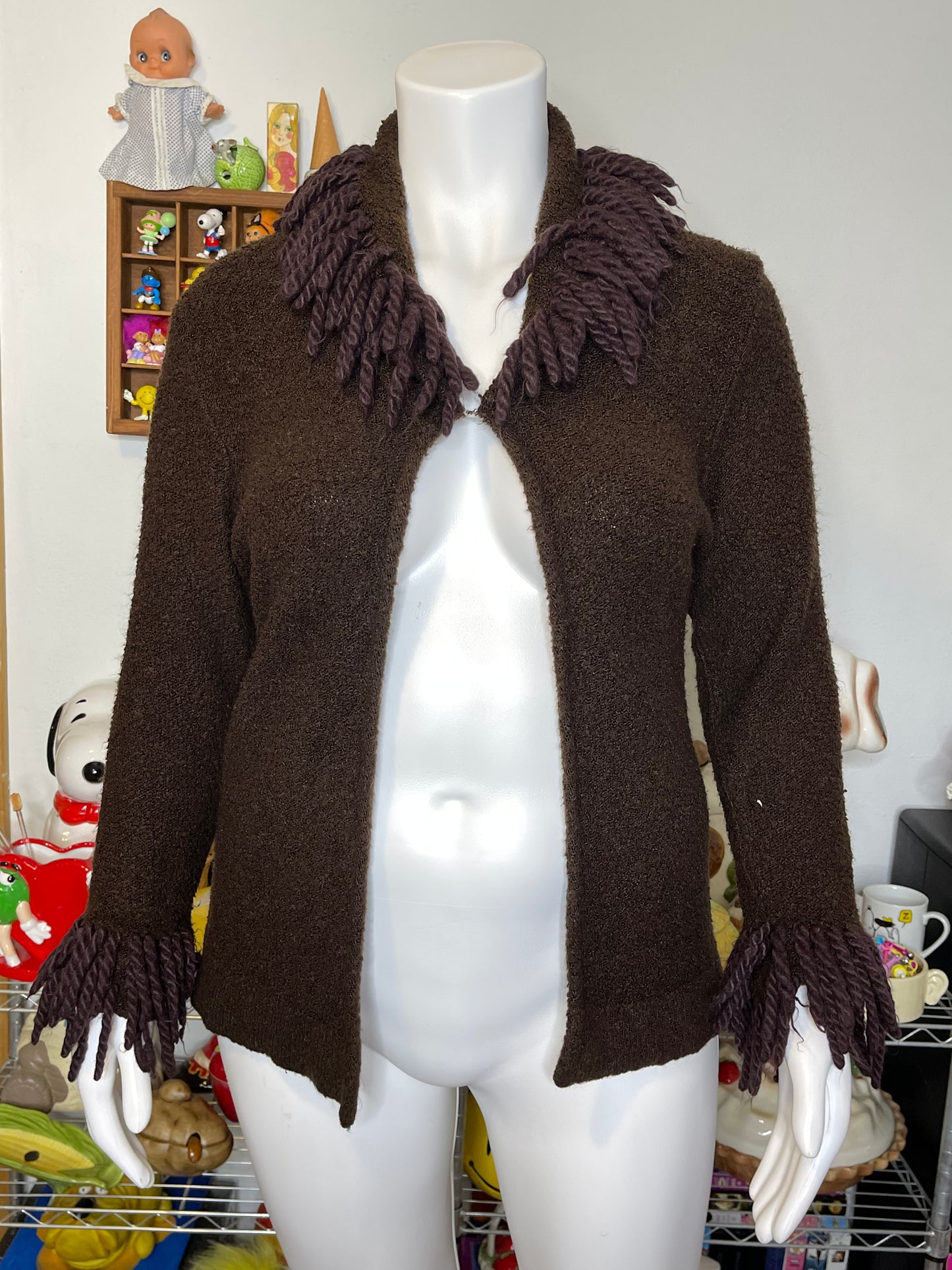2000s Chocolate Brown Shag Fringe Cardigan Sz L