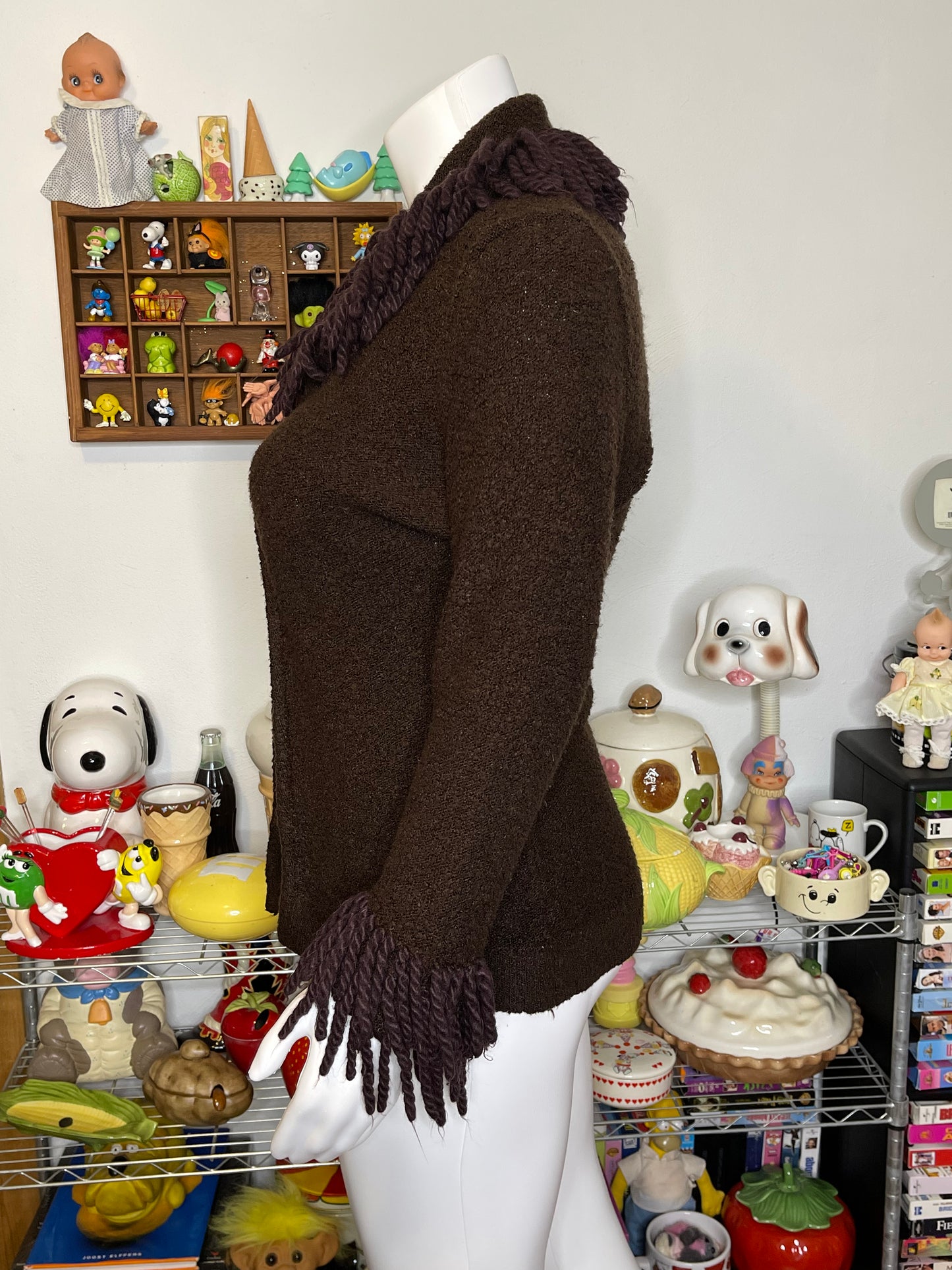 2000s Chocolate Brown Shag Fringe Cardigan Sz L