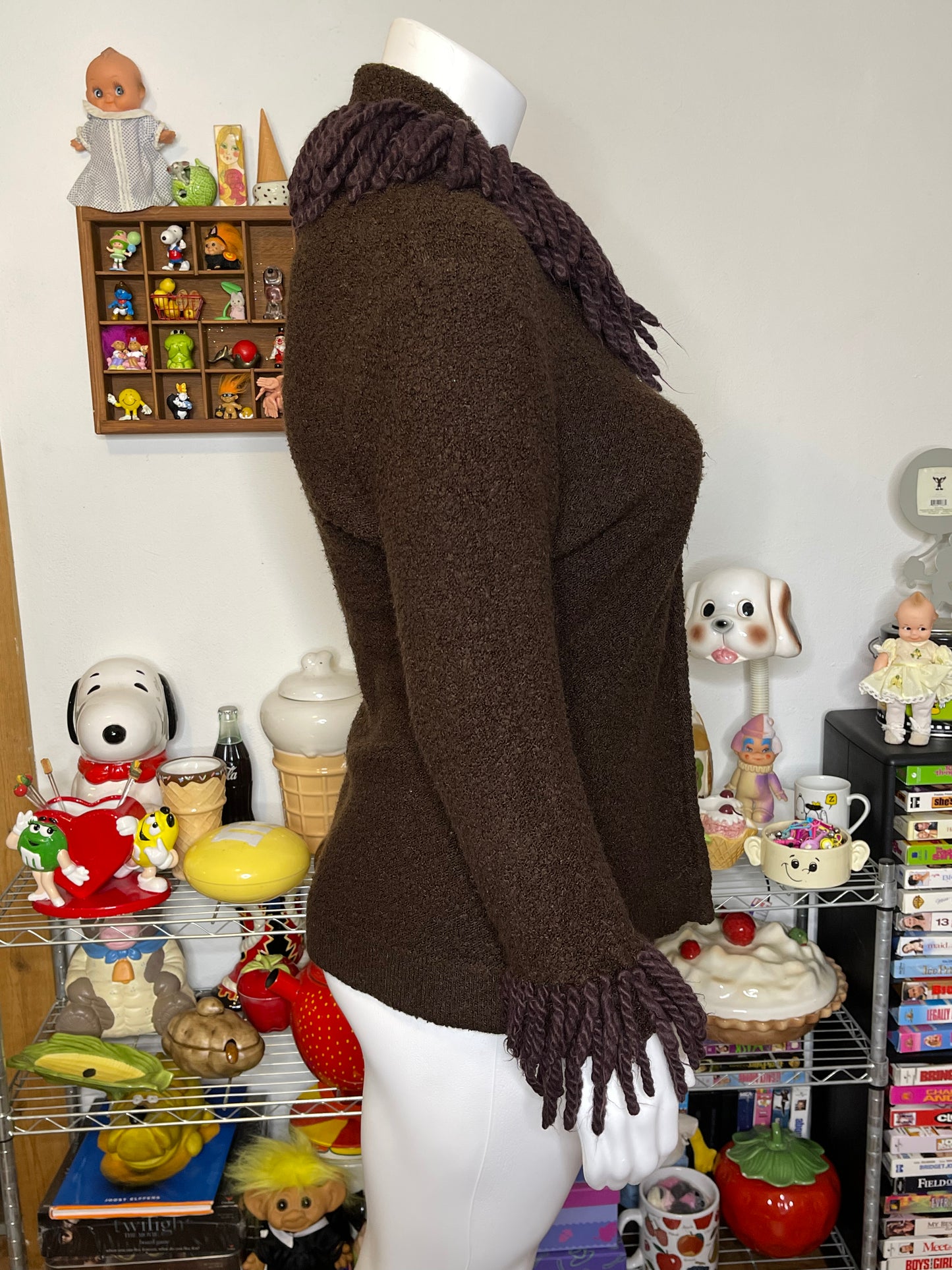 2000s Chocolate Brown Shag Fringe Cardigan Sz L