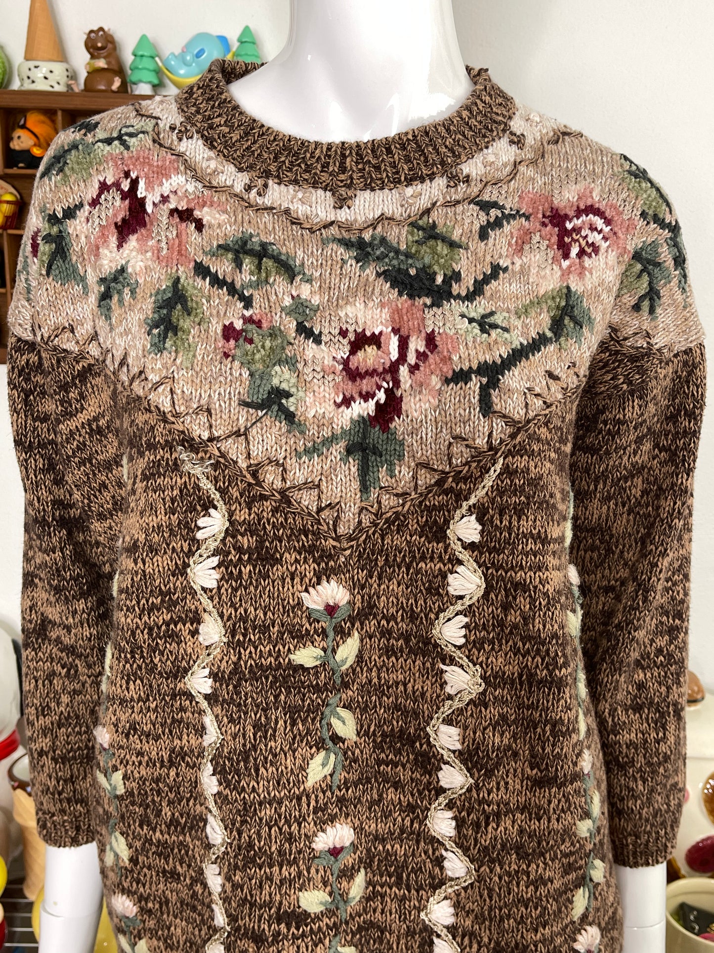 90s chunky grandma floral knit sweater sz M